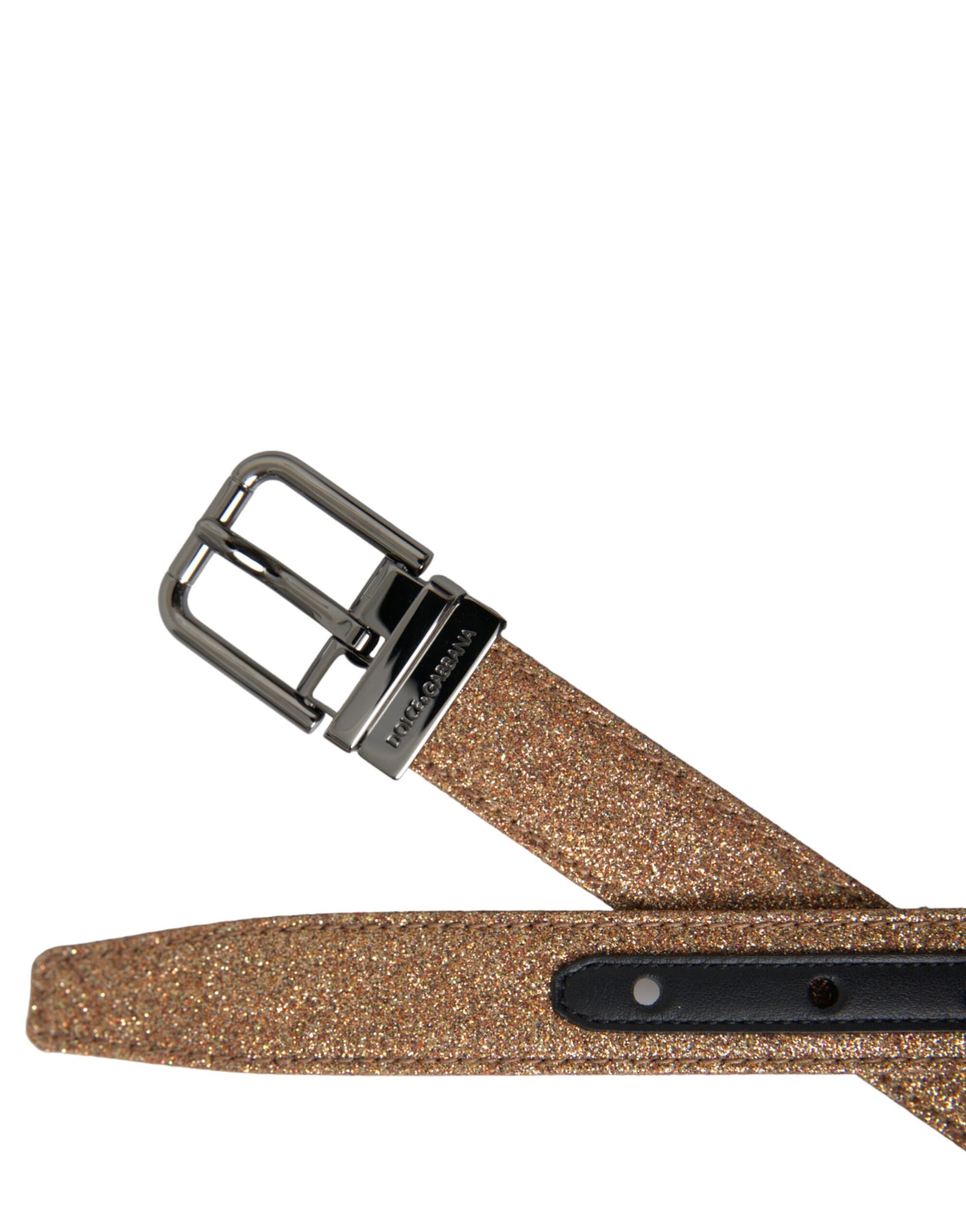 Dolce & Gabbana Gold Glitter Leather Silver Metal Buckle Belt Curated Luxury Accessories by Orvyn