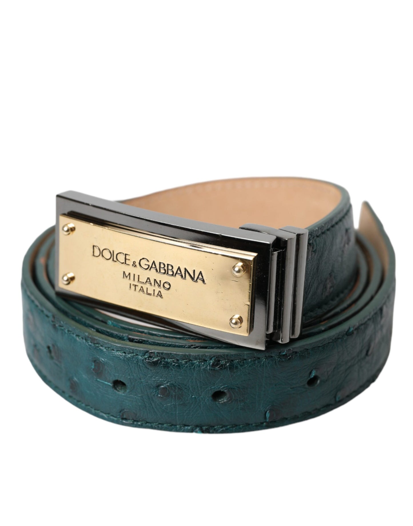 Dolce & Gabbana Green Leather Gold Logo Engraved Buckle Belt Curated Luxury Accessories by Orvyn
