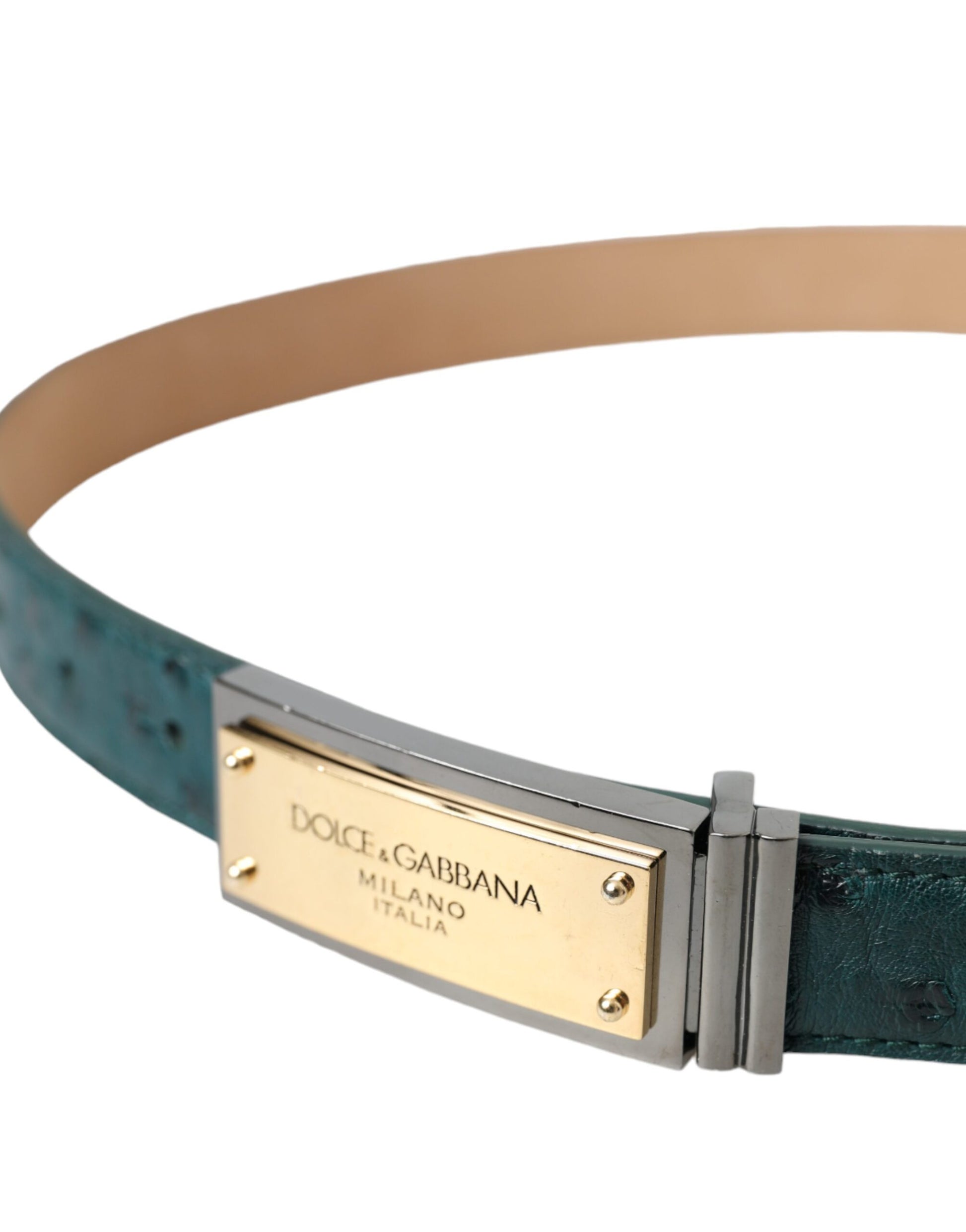 Dolce & Gabbana Green Leather Gold Logo Engraved Buckle Belt Curated Luxury Accessories by Orvyn