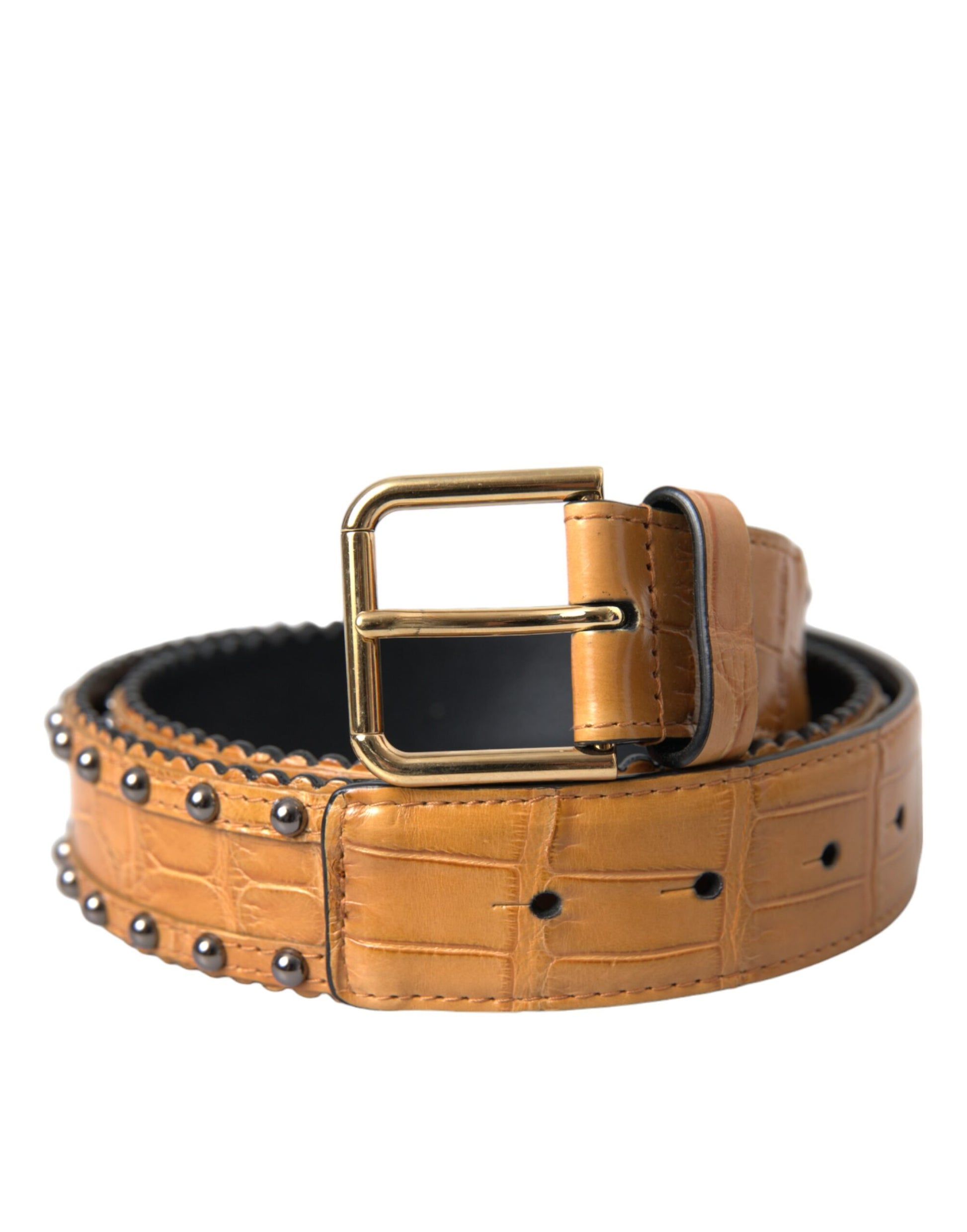 Dolce & Gabbana Beige Alligator Leather Studded Metal Buckle Belt Curated Luxury Accessories by Orvyn
