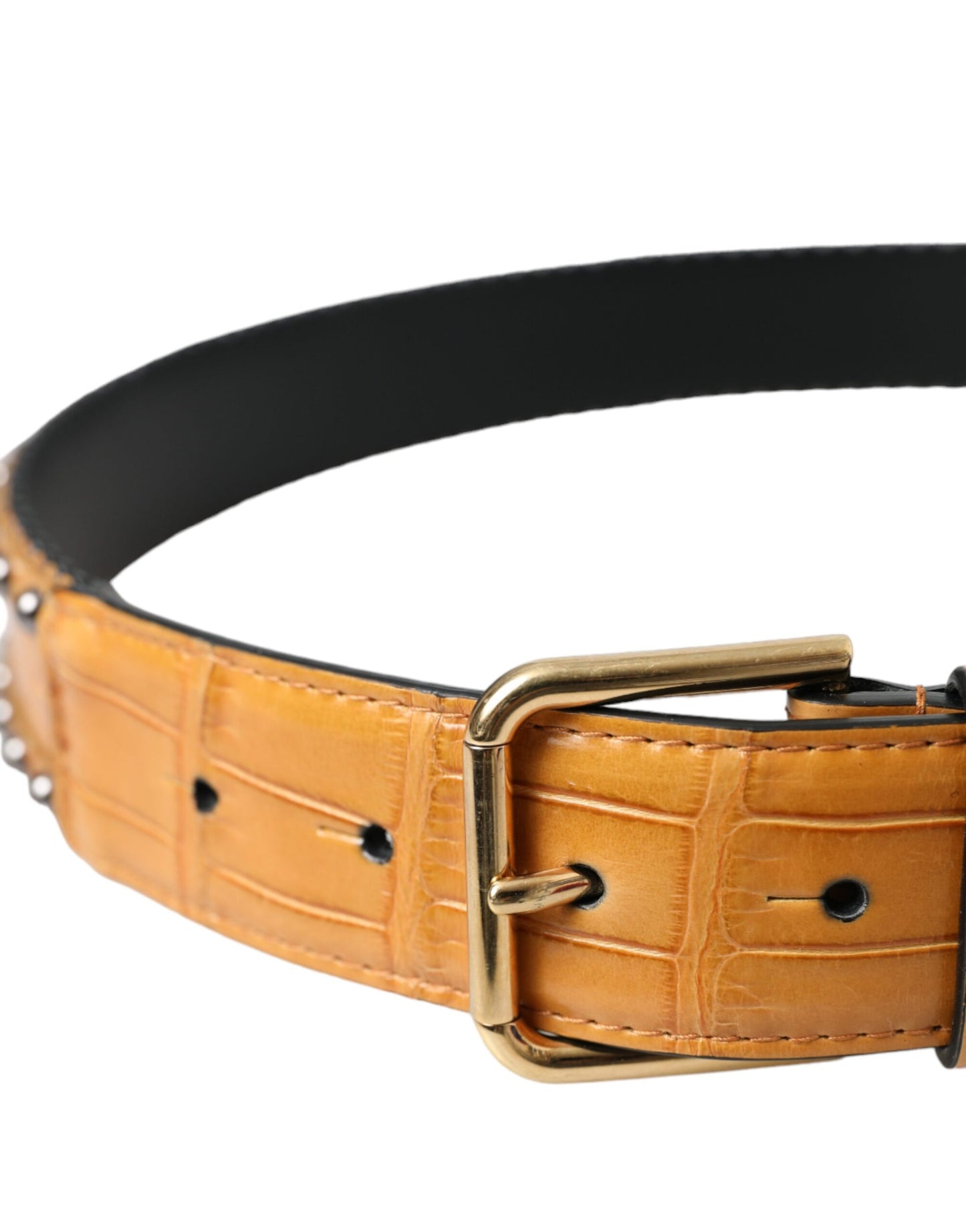 Dolce & Gabbana Beige Alligator Leather Studded Metal Buckle Belt Curated Luxury Accessories by Orvyn