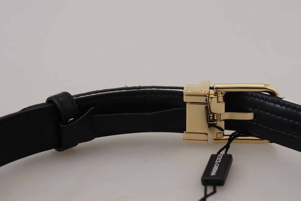 Dolce & Gabbana White Black Patchwork Gold Metal Buckle Belt schwarz