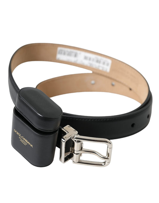 Dolce & Gabbana Black Leather Airpods Case Silver Buckle Belt Curated Luxury Accessories by Orvyn