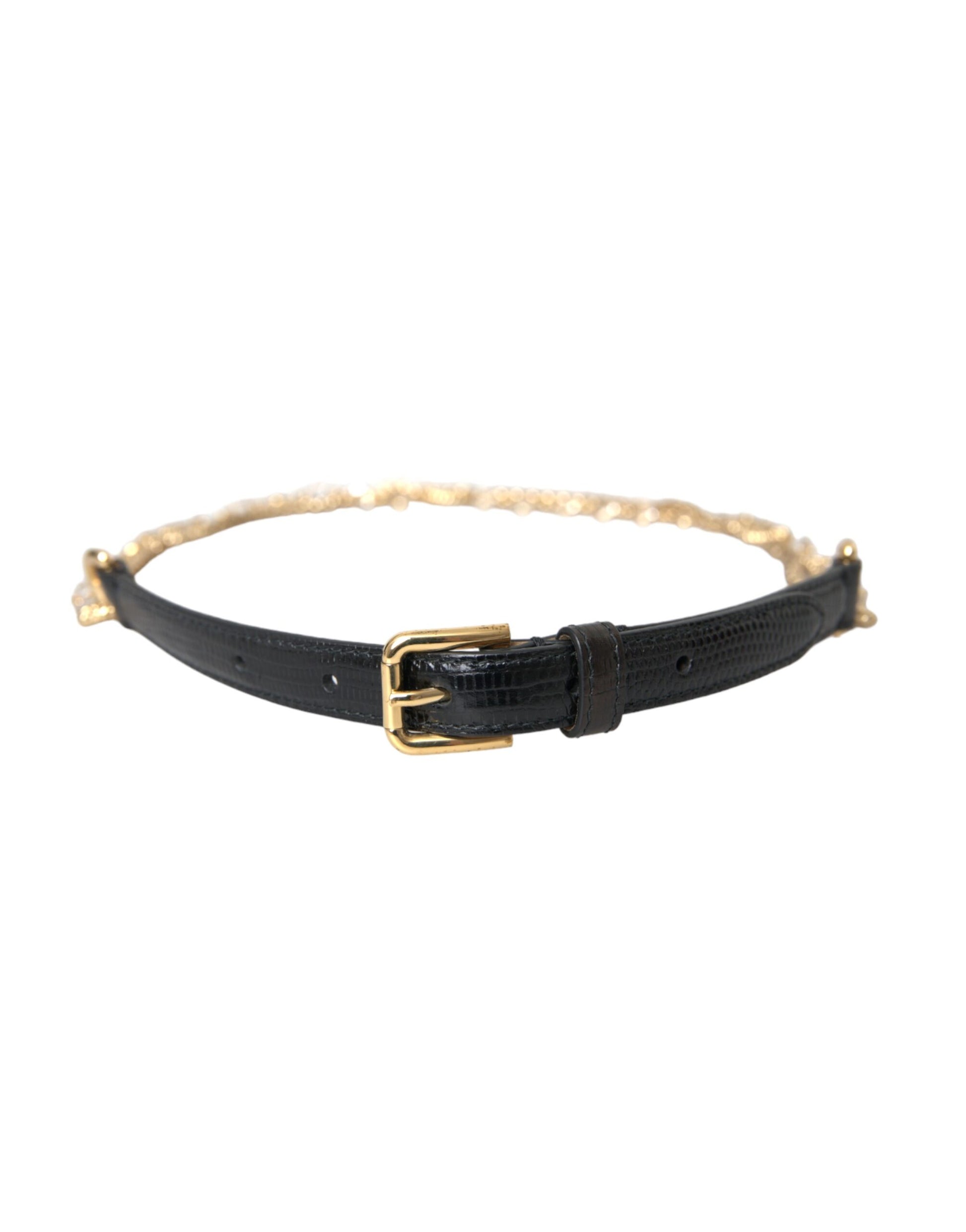 Dolce & Gabbana Black Leather Gold Chain Crystal Waist Women Belt Curated Luxury Accessories by Orvyn
