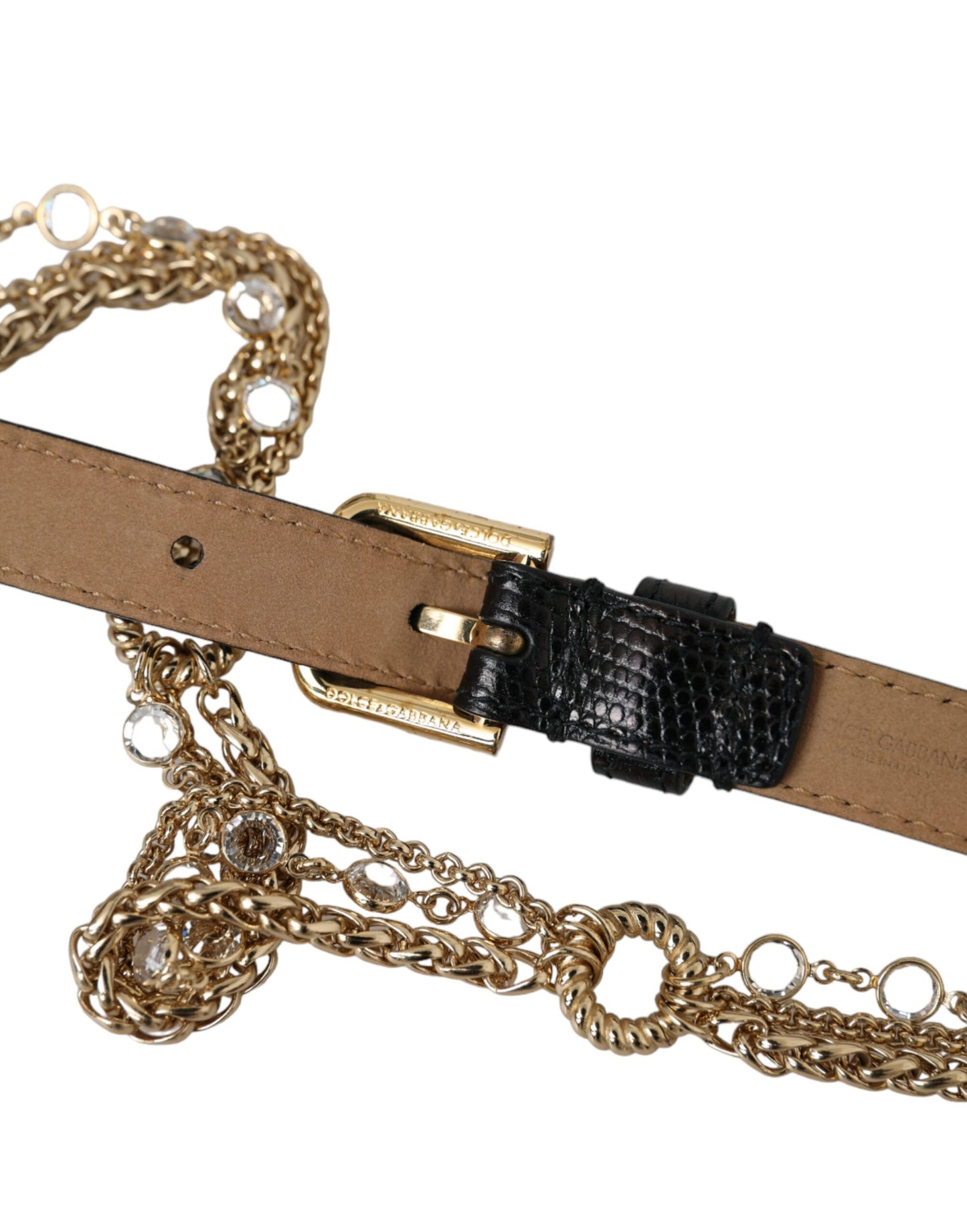 Dolce & Gabbana Black Leather Gold Chain Crystal Waist Women Belt Curated Luxury Accessories by Orvyn