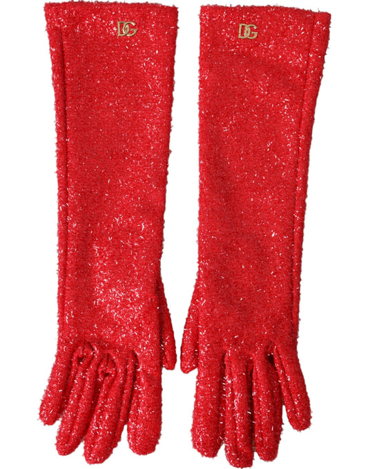 Dolce & Gabbana Red Lurex Fantasia Mid Arm Length Gloves Curated Luxury Accessories by Orvyn