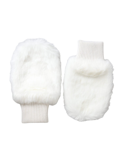 Dolce & Gabbana White Acrylic Knitted Fur Wrist Mitten Gloves Curated Luxury Accessories by Orvyn