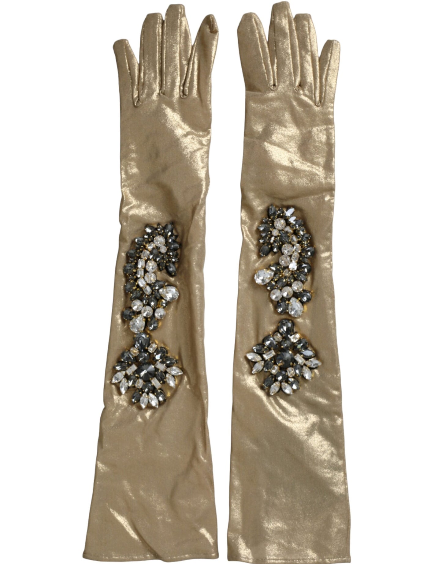 Dolce & Gabbana Beige Satin Crystal Elbow Length Gloves Curated Luxury Accessories by Orvyn
