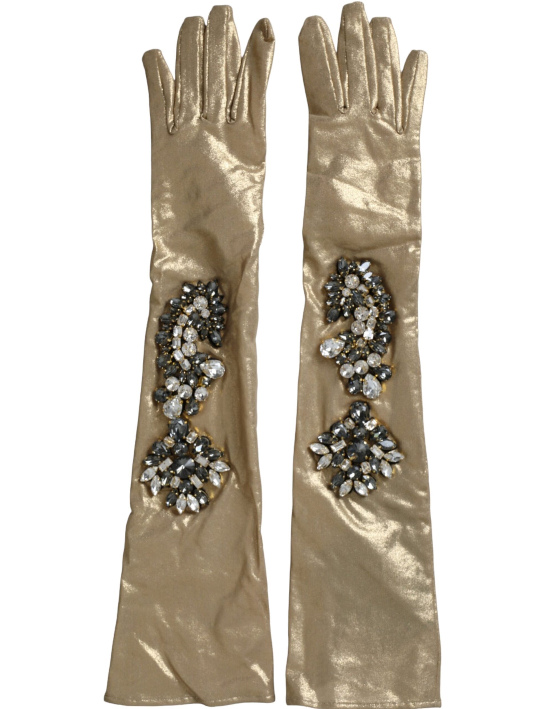Dolce & Gabbana Beige Satin Crystal Elbow Length Gloves Curated Luxury Accessories by Orvyn