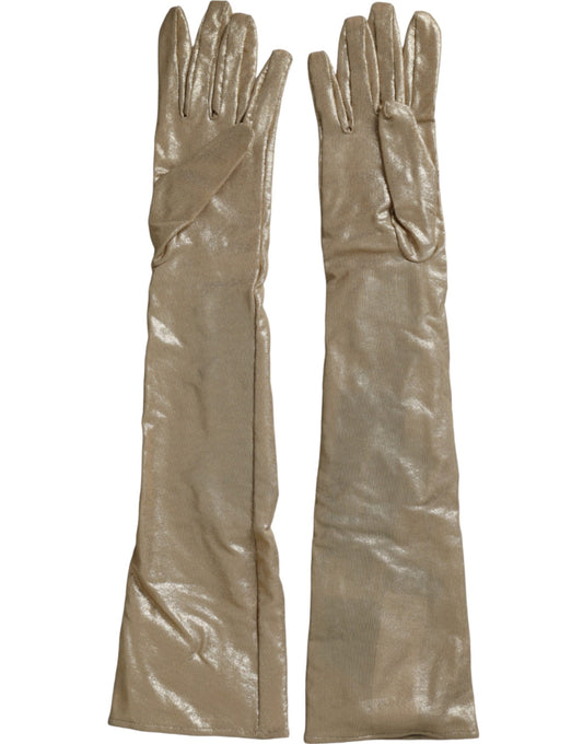 Dolce & Gabbana Beige Satin Crystal Elbow Length Gloves Curated Luxury Accessories by Orvyn