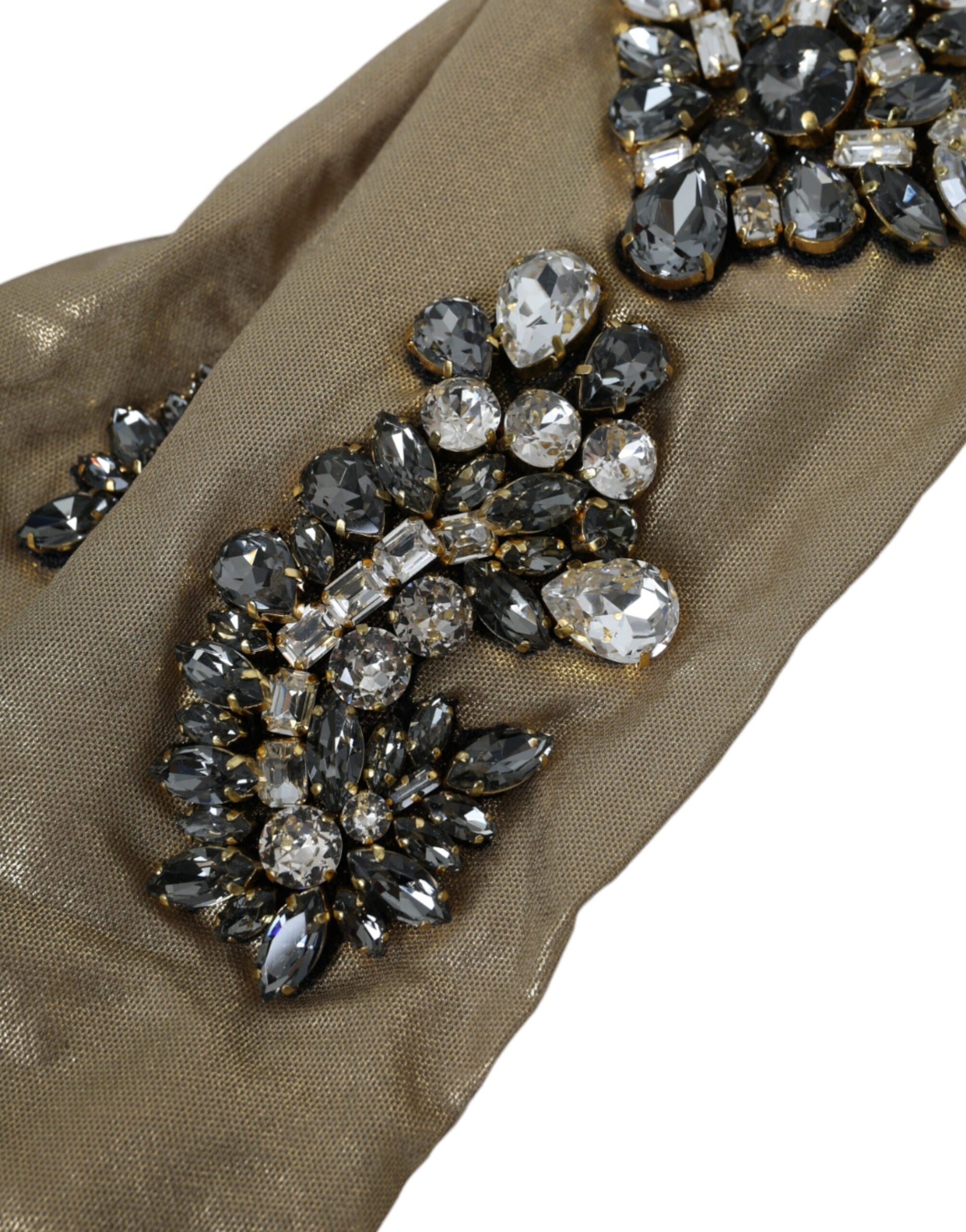 Dolce & Gabbana Beige Satin Crystal Elbow Length Gloves Curated Luxury Accessories by Orvyn