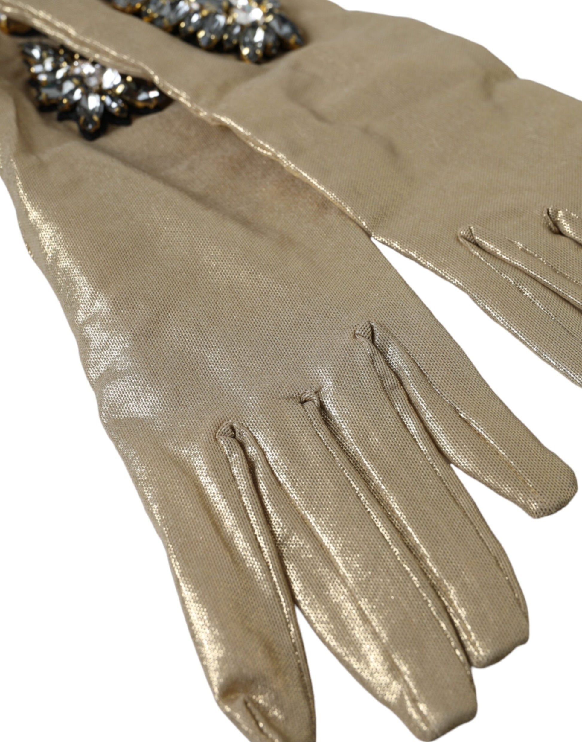 Dolce & Gabbana Beige Satin Crystal Elbow Length Gloves Curated Luxury Accessories by Orvyn