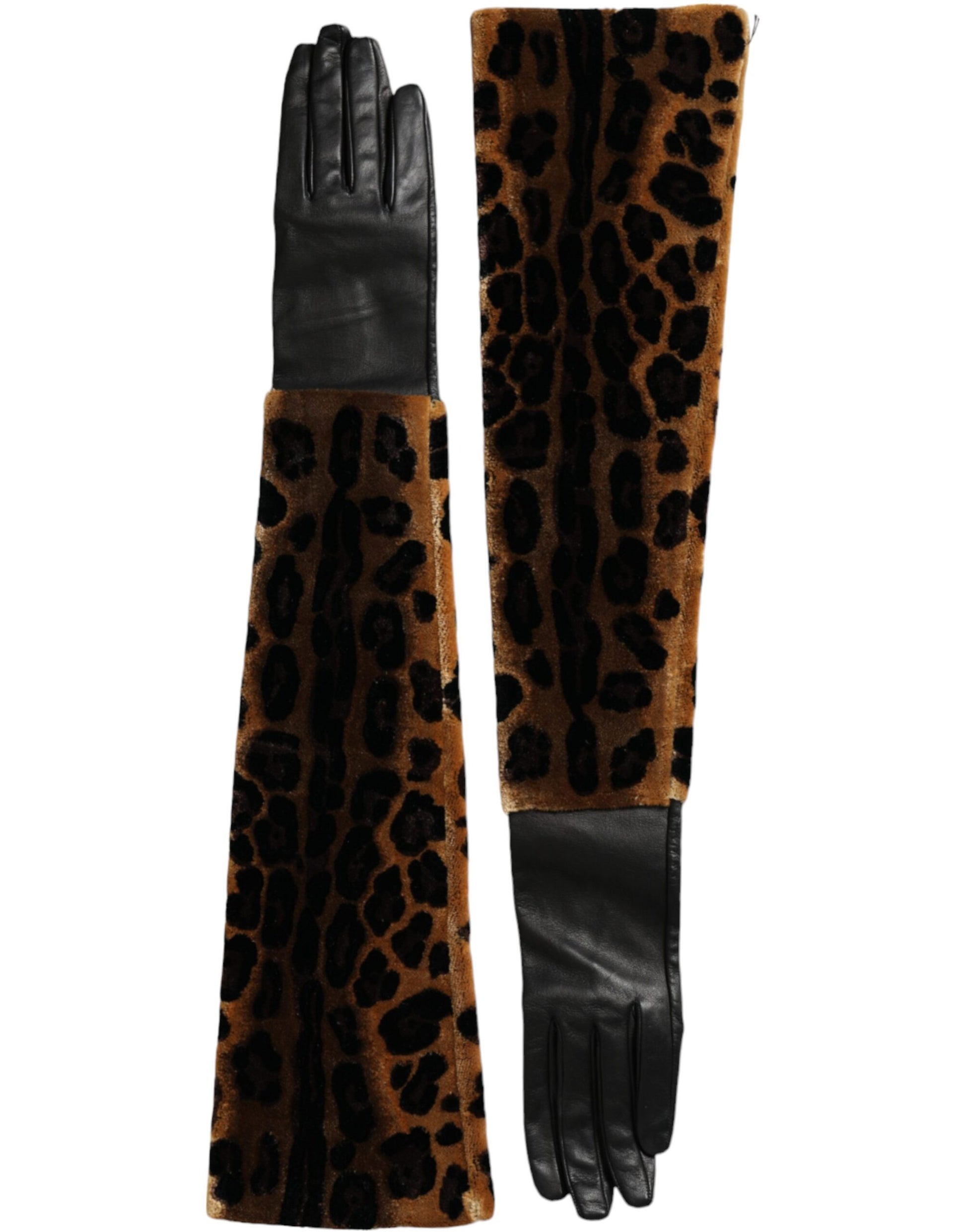 Dolce & Gabbana Brown Black Leopard Leather Elbow Length Gloves Curated Luxury Accessories by Orvyn