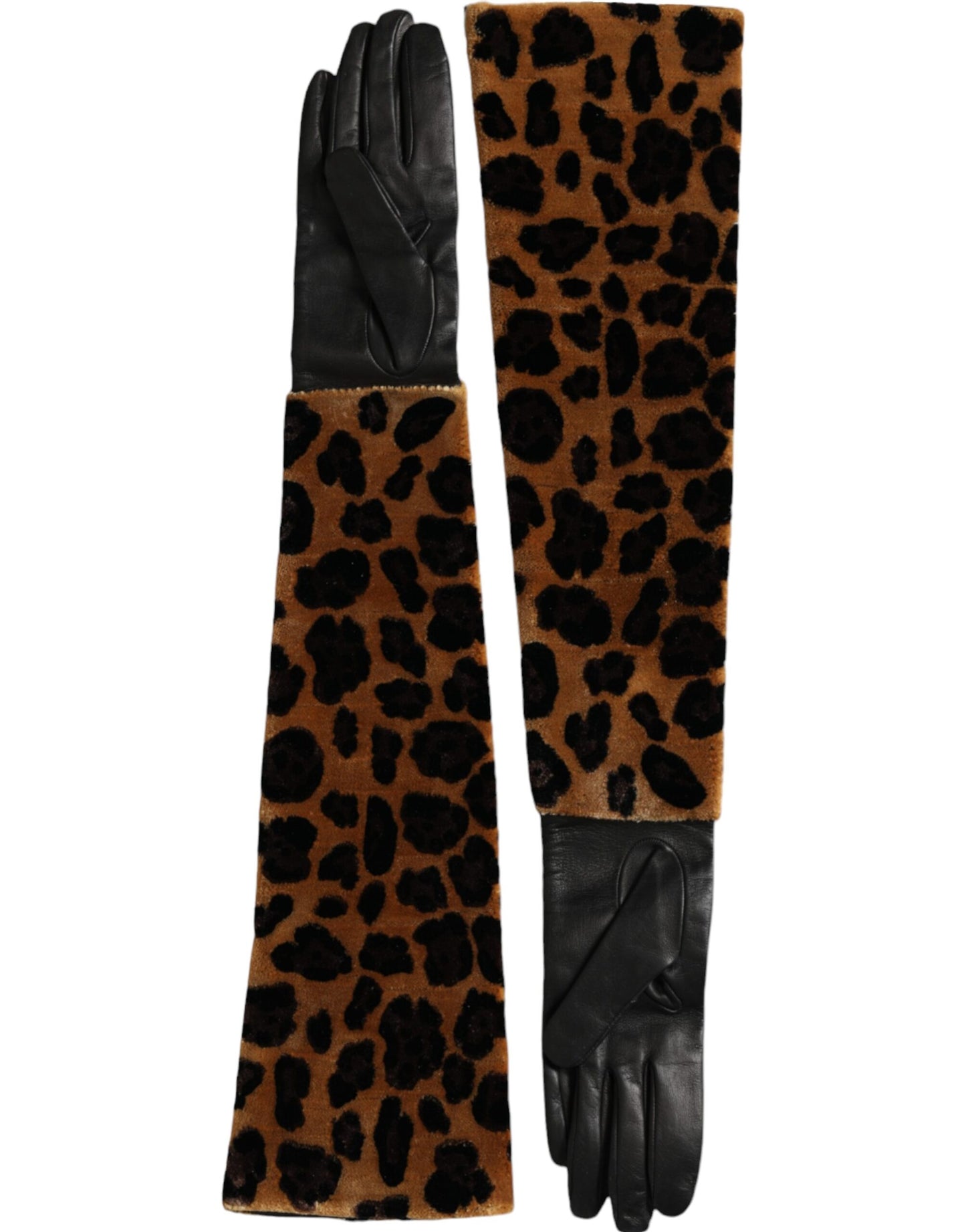 Dolce & Gabbana Brown Black Leopard Leather Elbow Length Gloves Curated Luxury Accessories by Orvyn