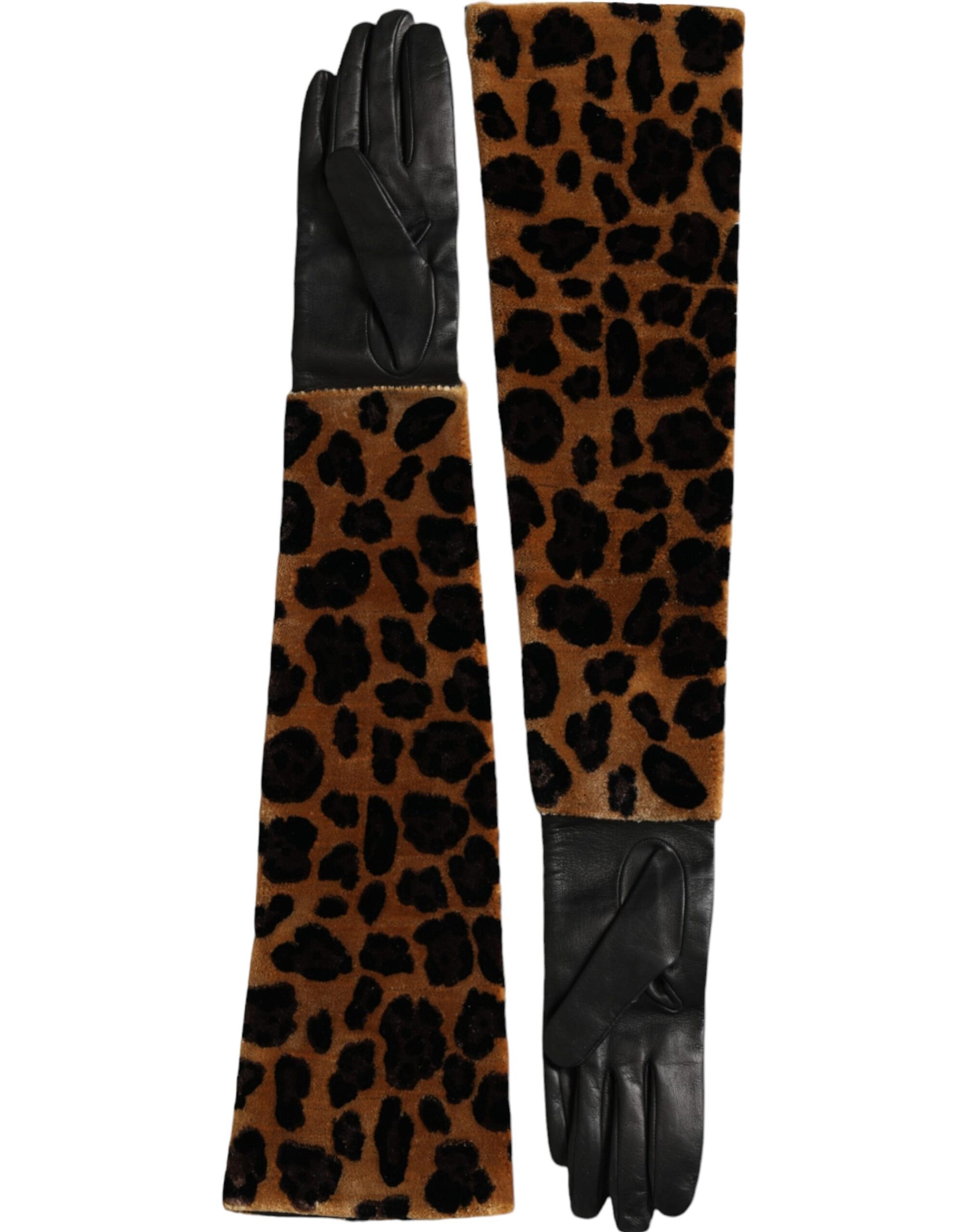 Dolce & Gabbana Brown Black Leopard Leather Elbow Length Gloves Curated Luxury Accessories by Orvyn