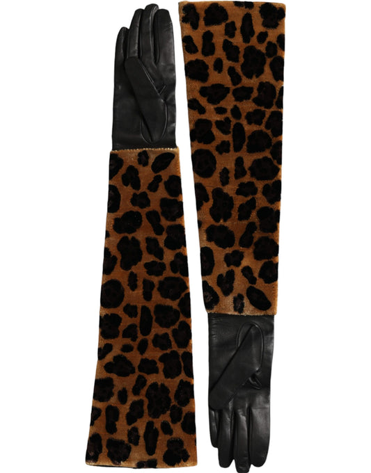 Dolce & Gabbana Brown Black Leopard Leather Elbow Length Gloves Curated Luxury Accessories by Orvyn