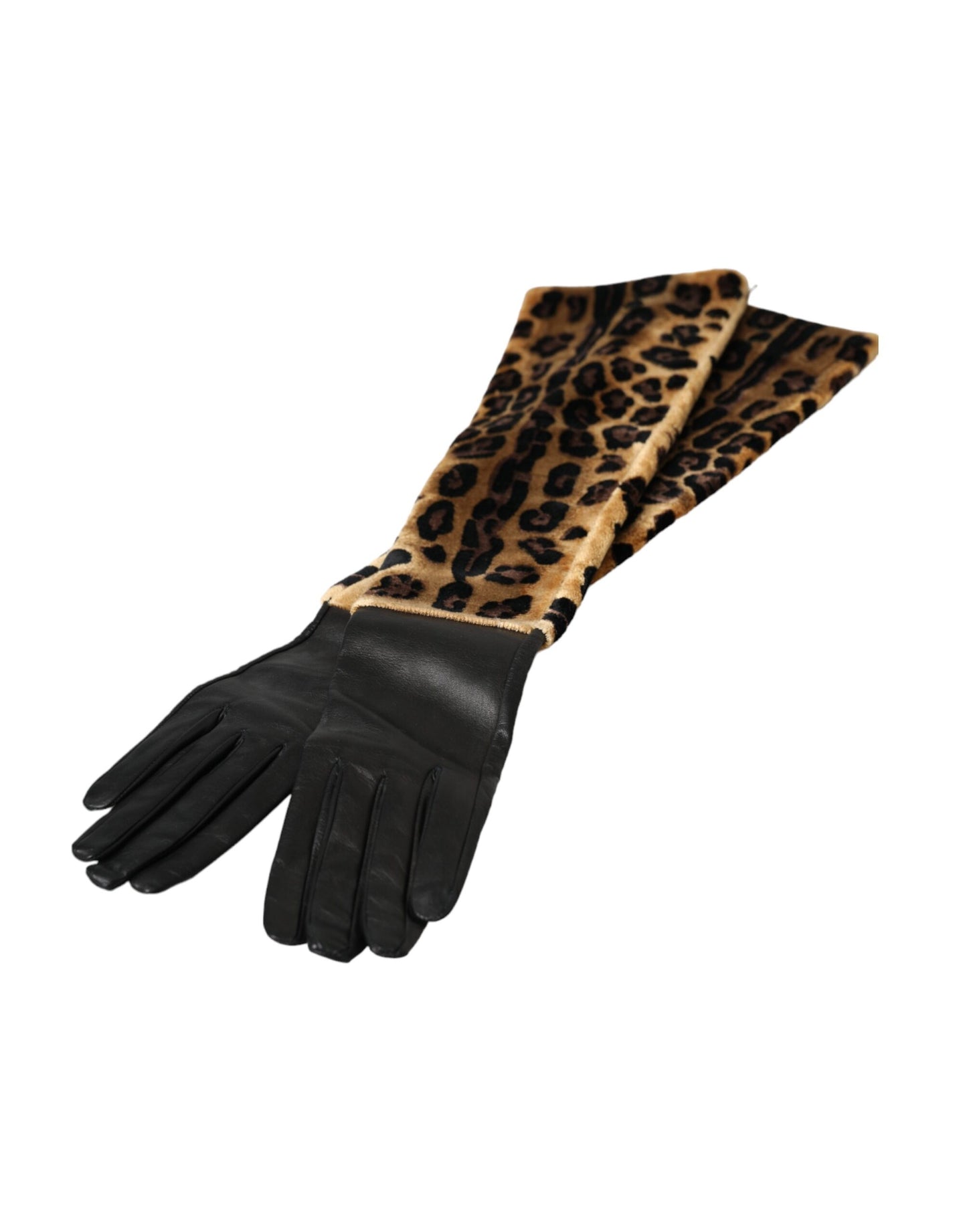Dolce & Gabbana Brown Black Leopard Leather Elbow Length Gloves Curated Luxury Accessories by Orvyn