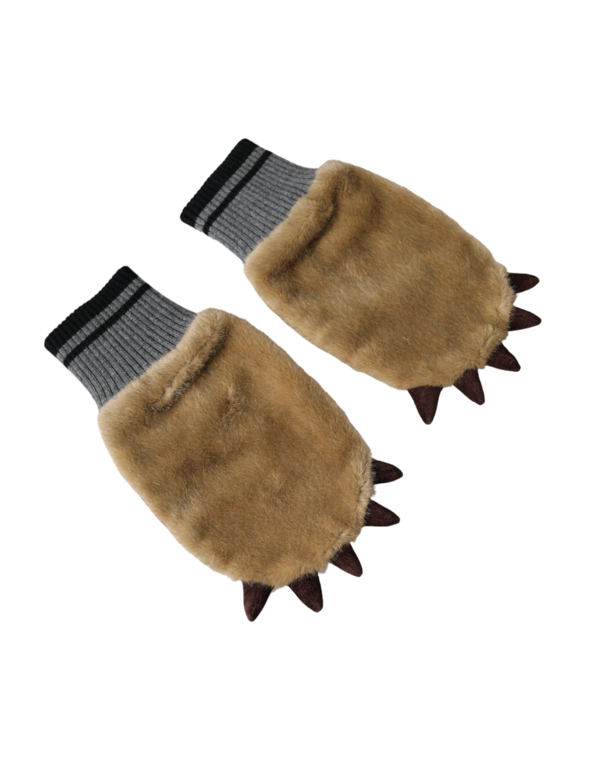 Dolce & Gabbana Beige Acrylic Knitted Fur Wrist Mitten Gloves Curated Luxury Accessories by Orvyn