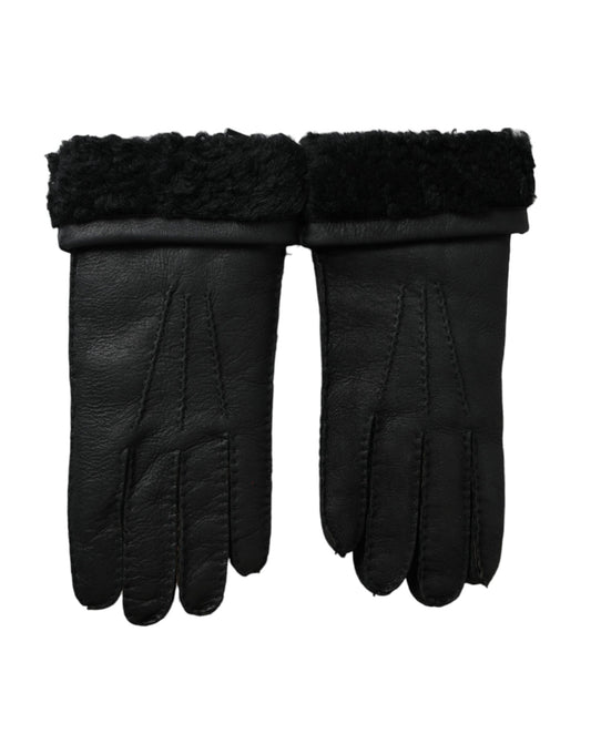 Dolce & Gabbana Black Leather Fur Short Hands Gloves schwarz