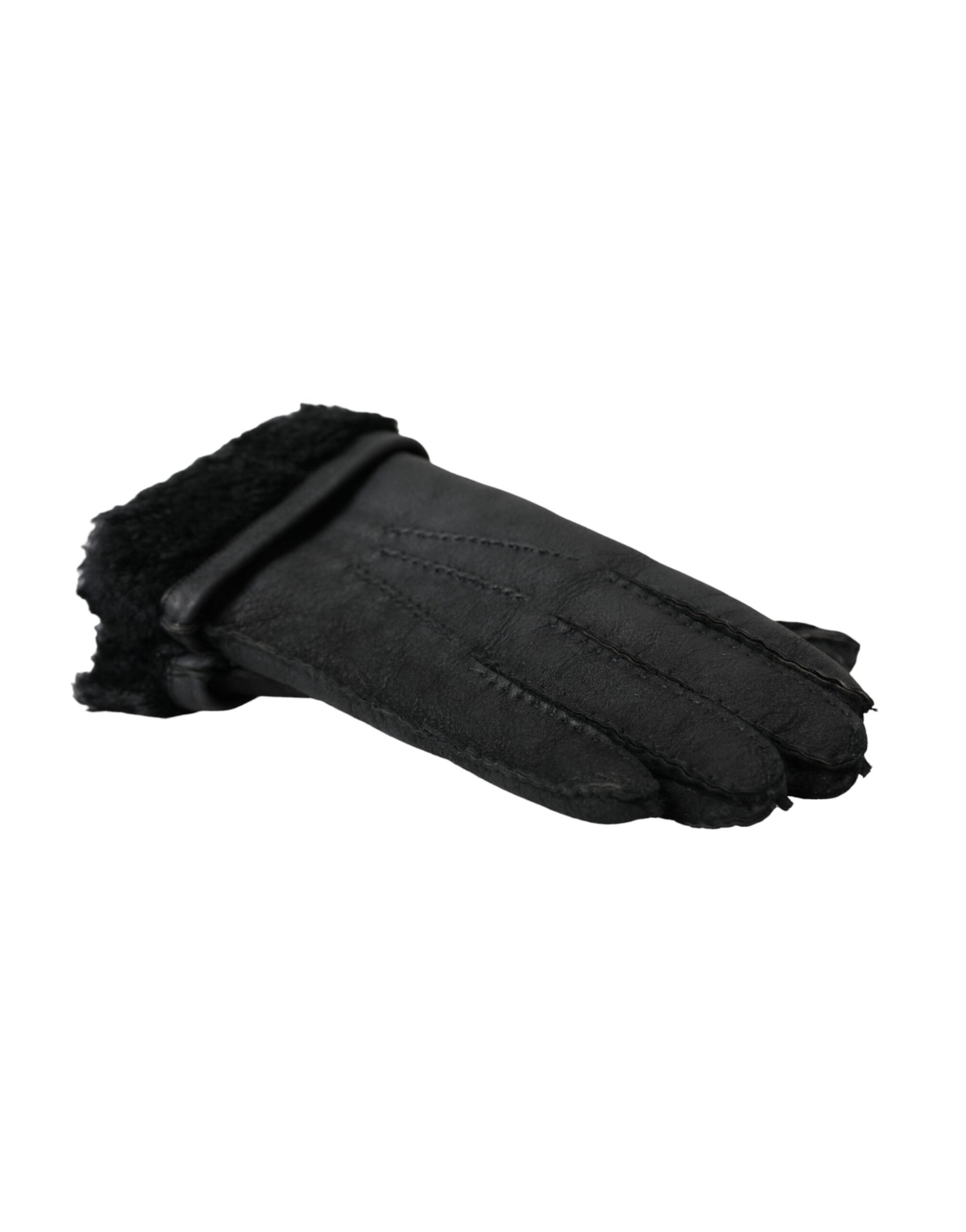Dolce & Gabbana Black Leather Fur Short Hands Gloves schwarz
