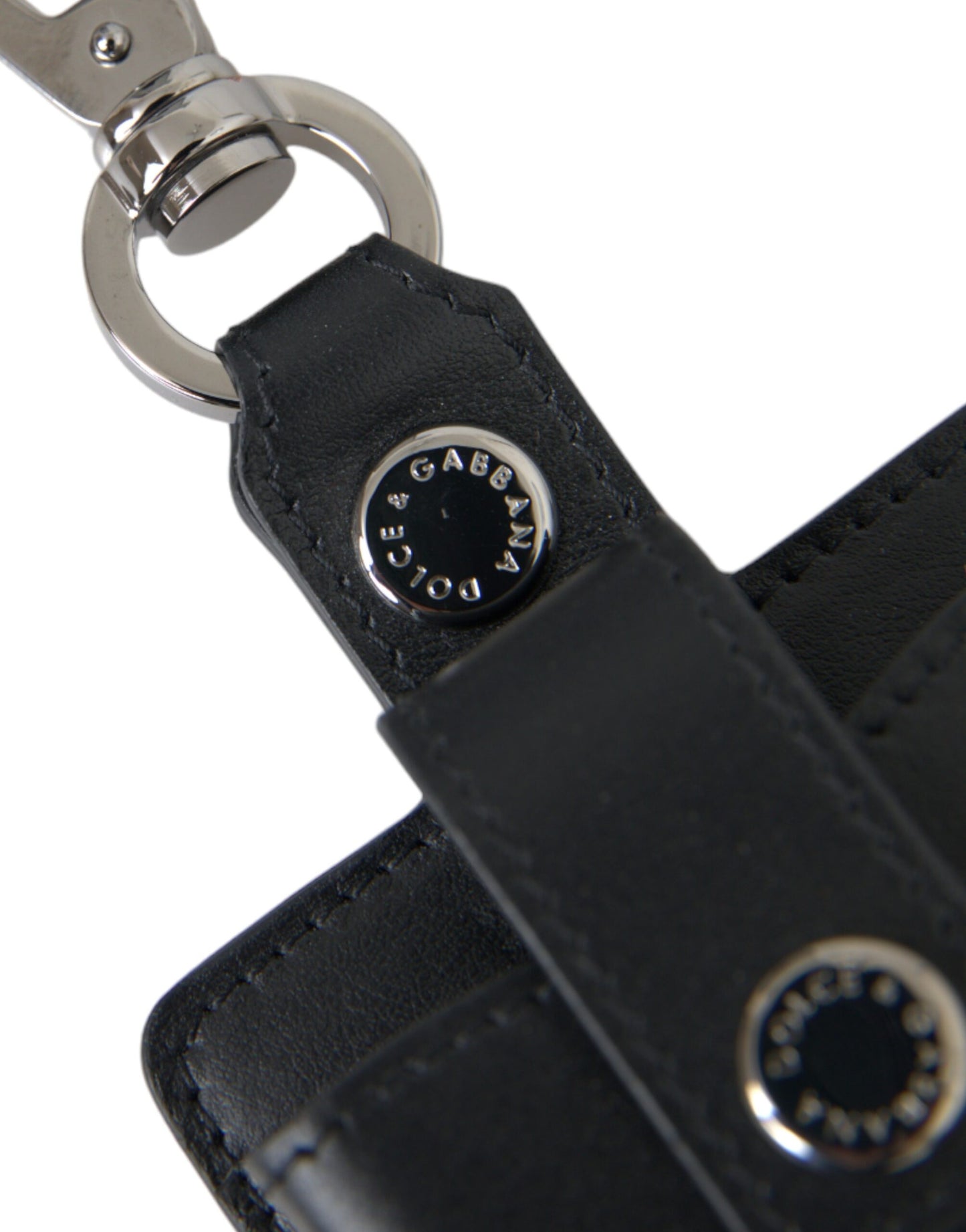 Dolce & Gabbana Black Plain Leather Silver Metal Airpods Case Curated Luxury Accessories by Orvyn