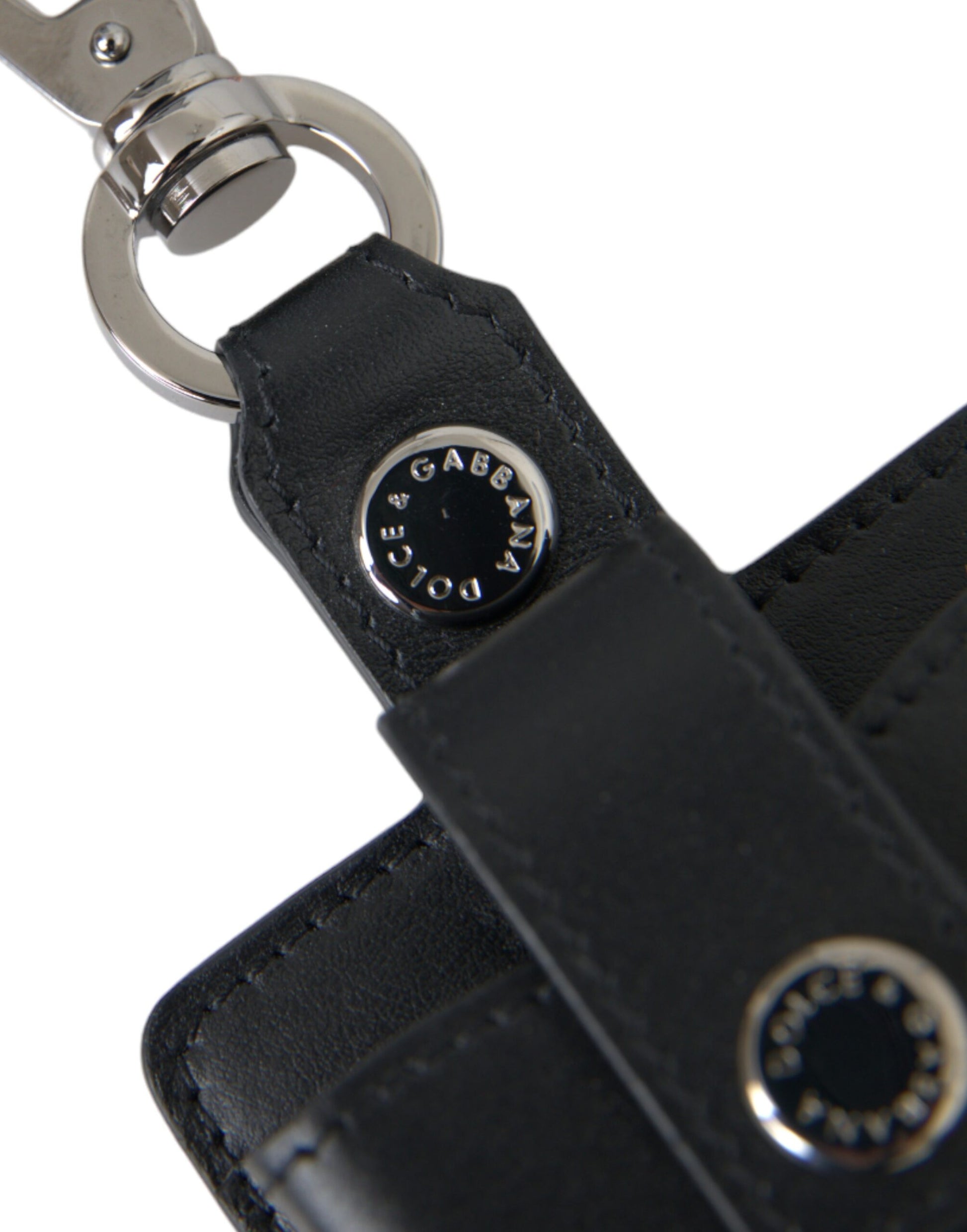 Dolce & Gabbana Black Plain Leather Silver Metal Airpods Case Curated Luxury Accessories by Orvyn