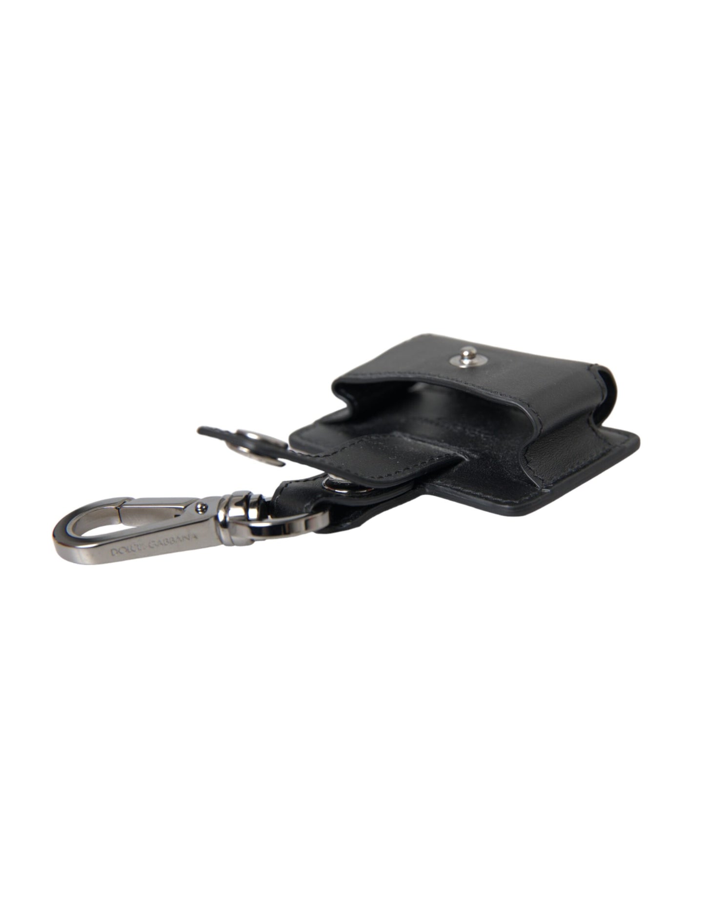 Dolce & Gabbana Black Plain Leather Silver Metal Airpods Case Curated Luxury Accessories by Orvyn