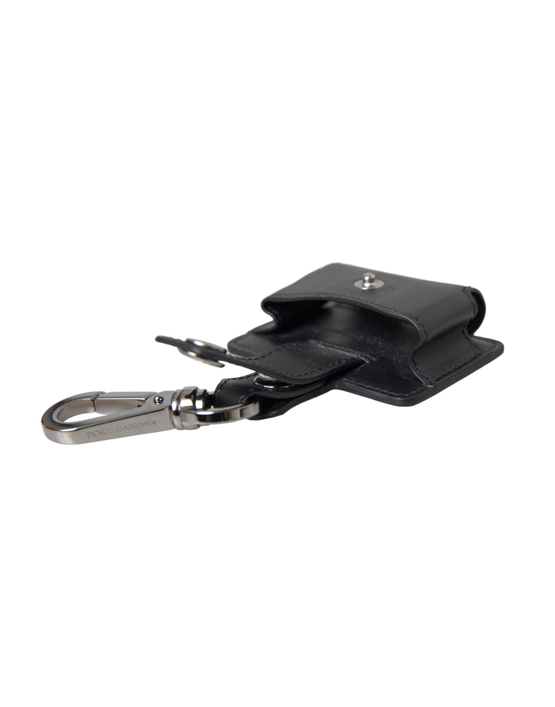 Dolce & Gabbana Black Plain Leather Silver Metal Airpods Case Curated Luxury Accessories by Orvyn