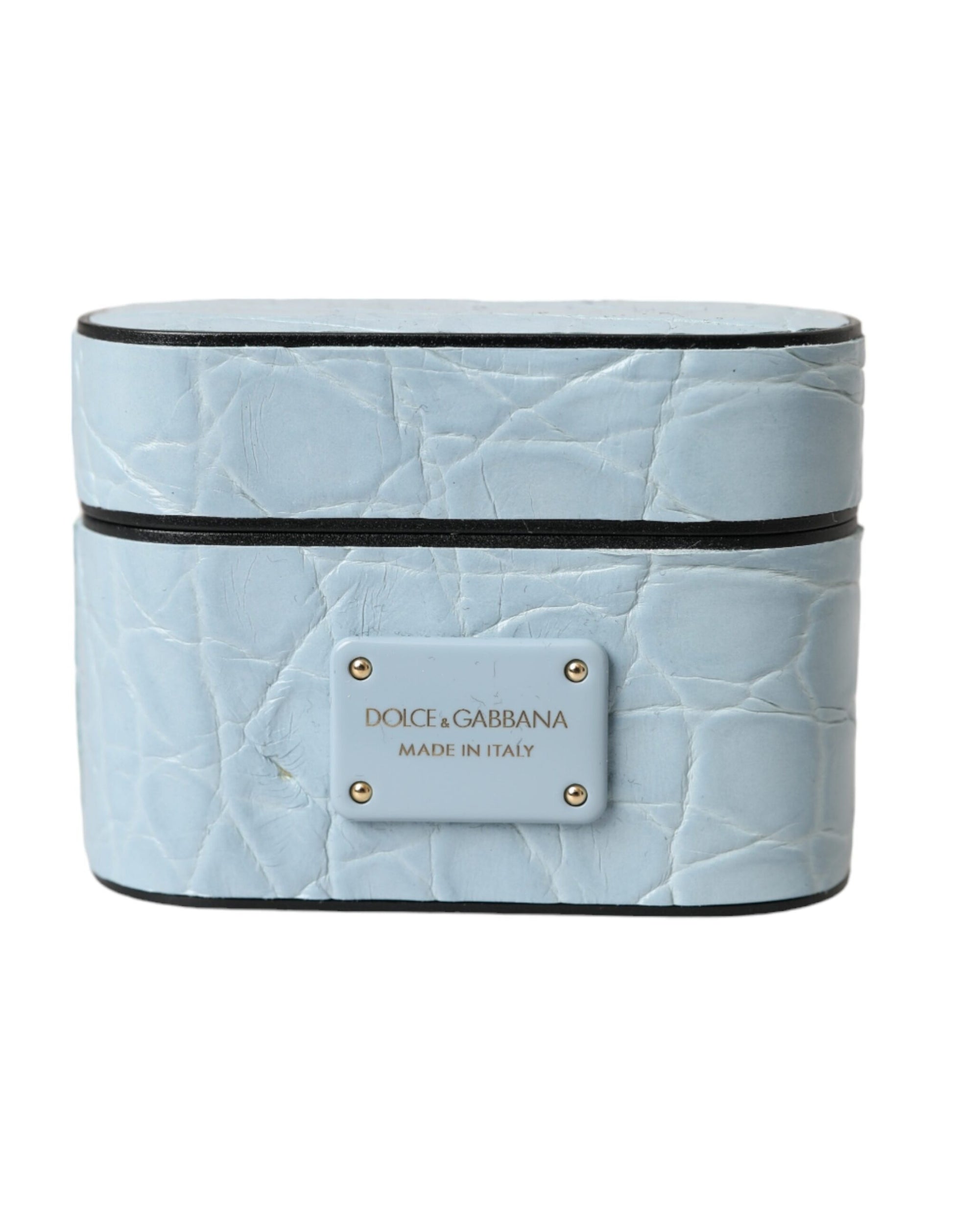Dolce & Gabbana Light Blue Leather Metal Logo Plaque Airpods Case Curated Luxury Accessories by Orvyn