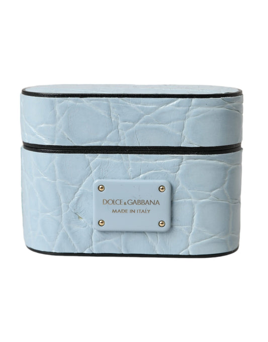 Dolce & Gabbana Light Blue Leather Metal Logo Plaque Airpods Case Curated Luxury Accessories by Orvyn