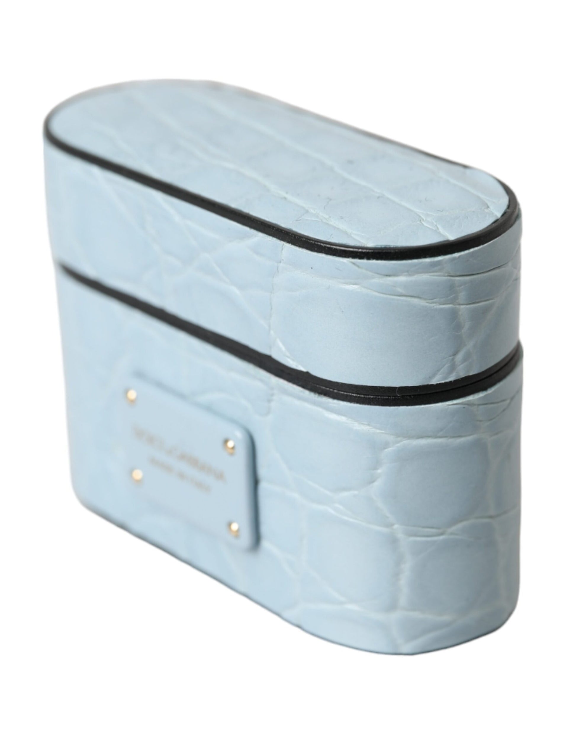 Dolce & Gabbana Light Blue Leather Metal Logo Plaque Airpods Case Curated Luxury Accessories by Orvyn