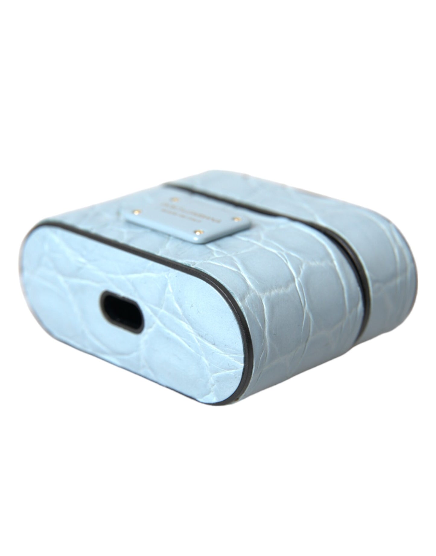 Dolce & Gabbana Light Blue Leather Metal Logo Plaque Airpods Case Curated Luxury Accessories by Orvyn