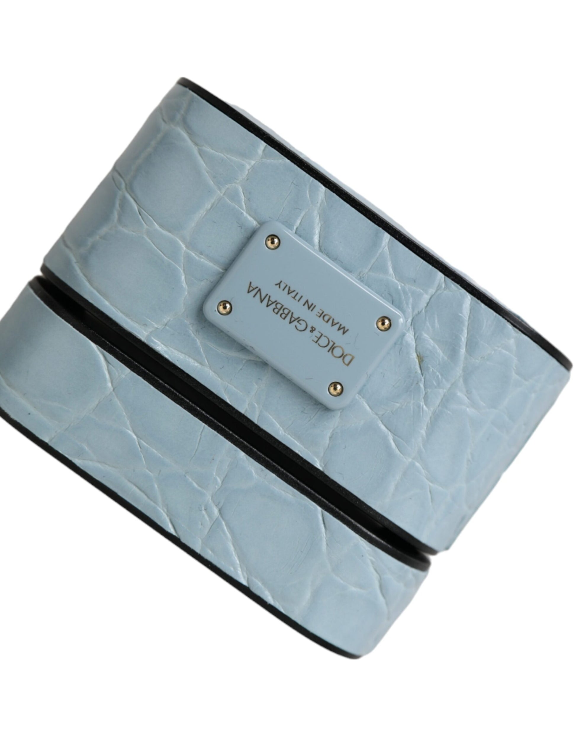 Dolce & Gabbana Light Blue Leather Metal Logo Plaque Airpods Case Curated Luxury Accessories by Orvyn