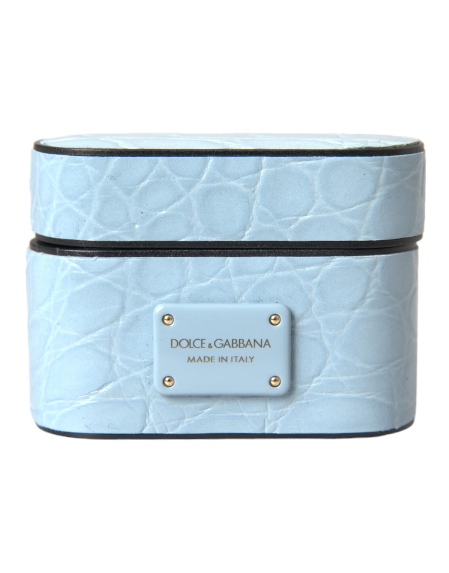 Dolce & Gabbana Light Blue Leather Metal Logo Plaque Airpods Case Curated Luxury Accessories by Orvyn