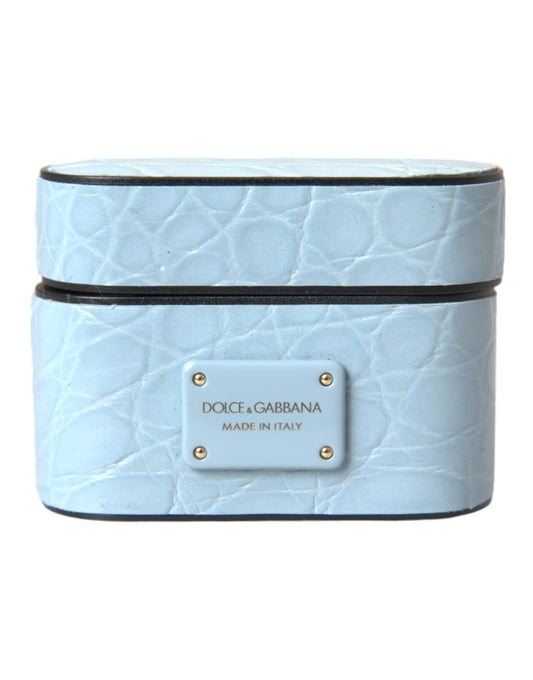 Dolce & Gabbana Light Blue Leather Metal Logo Plaque Airpods Case Curated Luxury Accessories by Orvyn