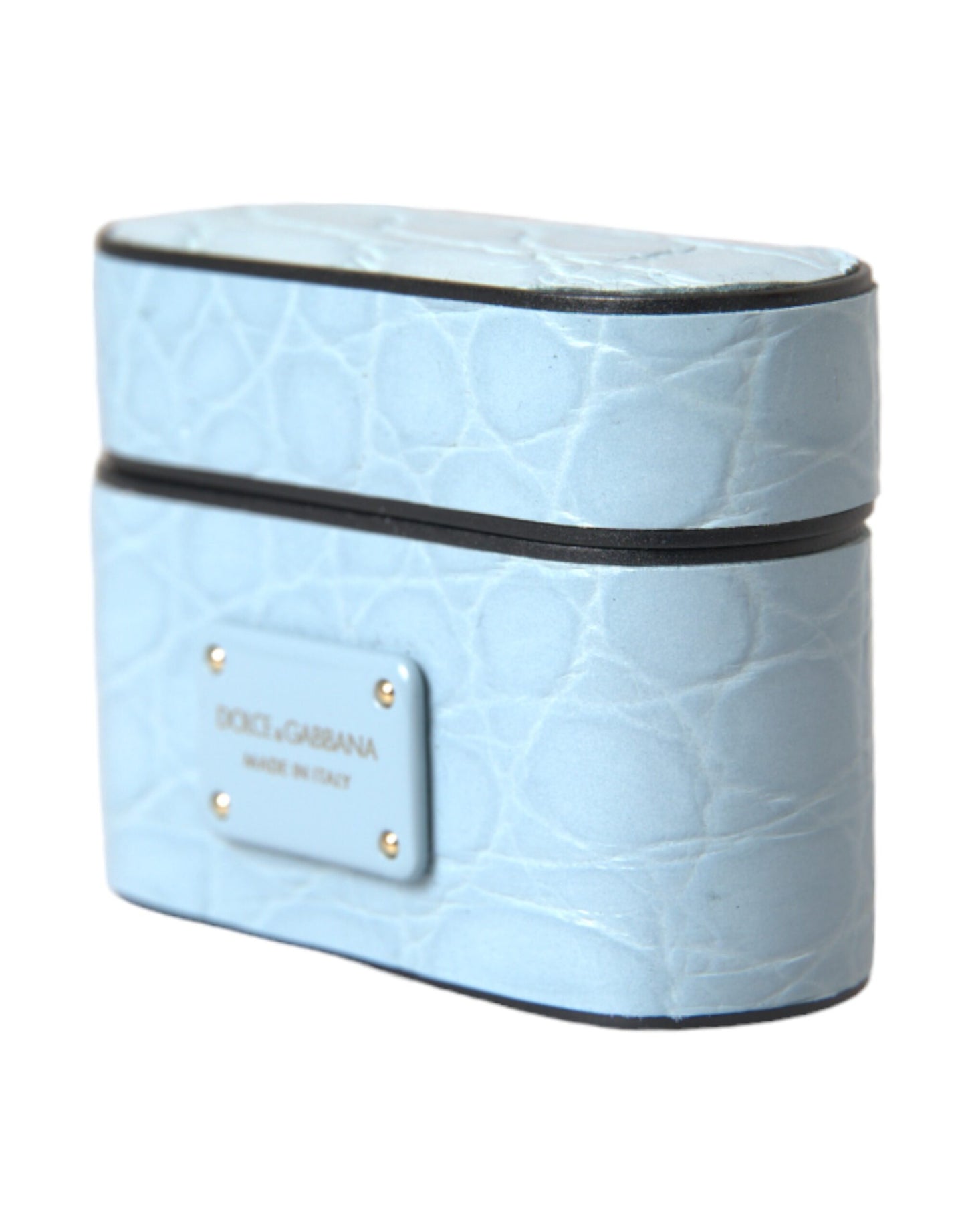 Dolce & Gabbana Light Blue Leather Metal Logo Plaque Airpods Case Curated Luxury Accessories by Orvyn