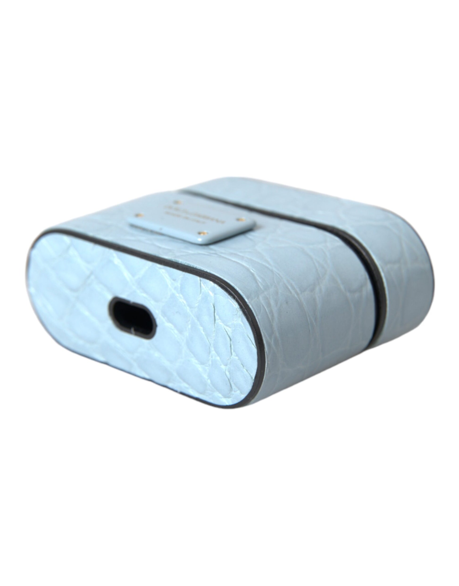 Dolce & Gabbana Light Blue Leather Metal Logo Plaque Airpods Case Curated Luxury Accessories by Orvyn