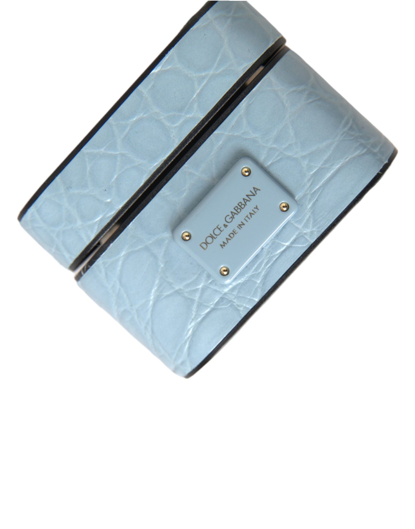 Dolce & Gabbana Light Blue Leather Metal Logo Plaque Airpods Case Curated Luxury Accessories by Orvyn