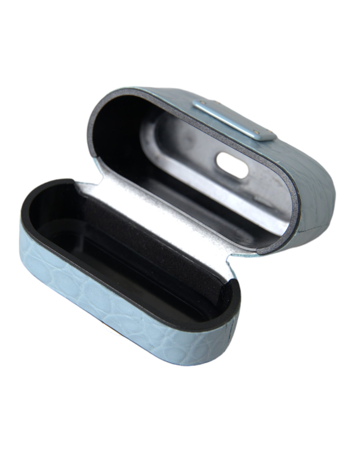 Dolce & Gabbana Light Blue Leather Metal Logo Plaque Airpods Case Curated Luxury Accessories by Orvyn