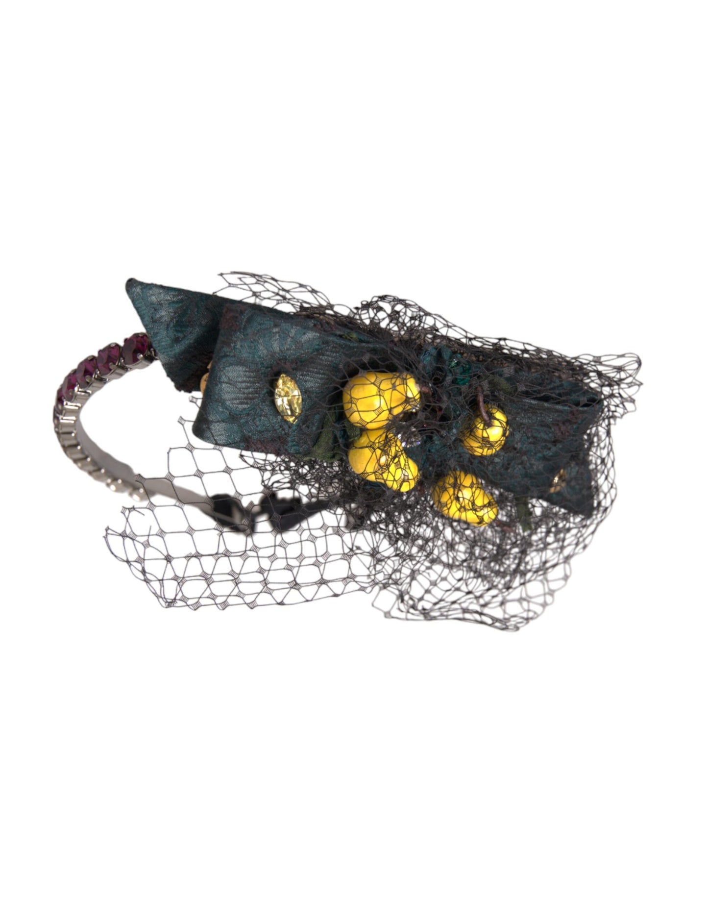 Dolce & Gabbana Black Lemons Sicily Purple Crystal Net Headband Diadem Curated Luxury Accessories by Orvyn