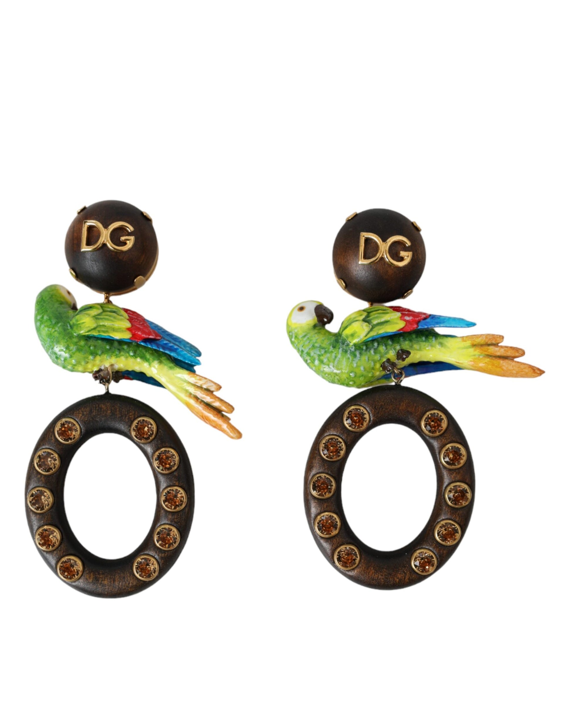 Dolce & Gabbana Multicolor Parrot Wood Brass Crystal Embellished Earrings Curated Luxury Accessories by Orvyn