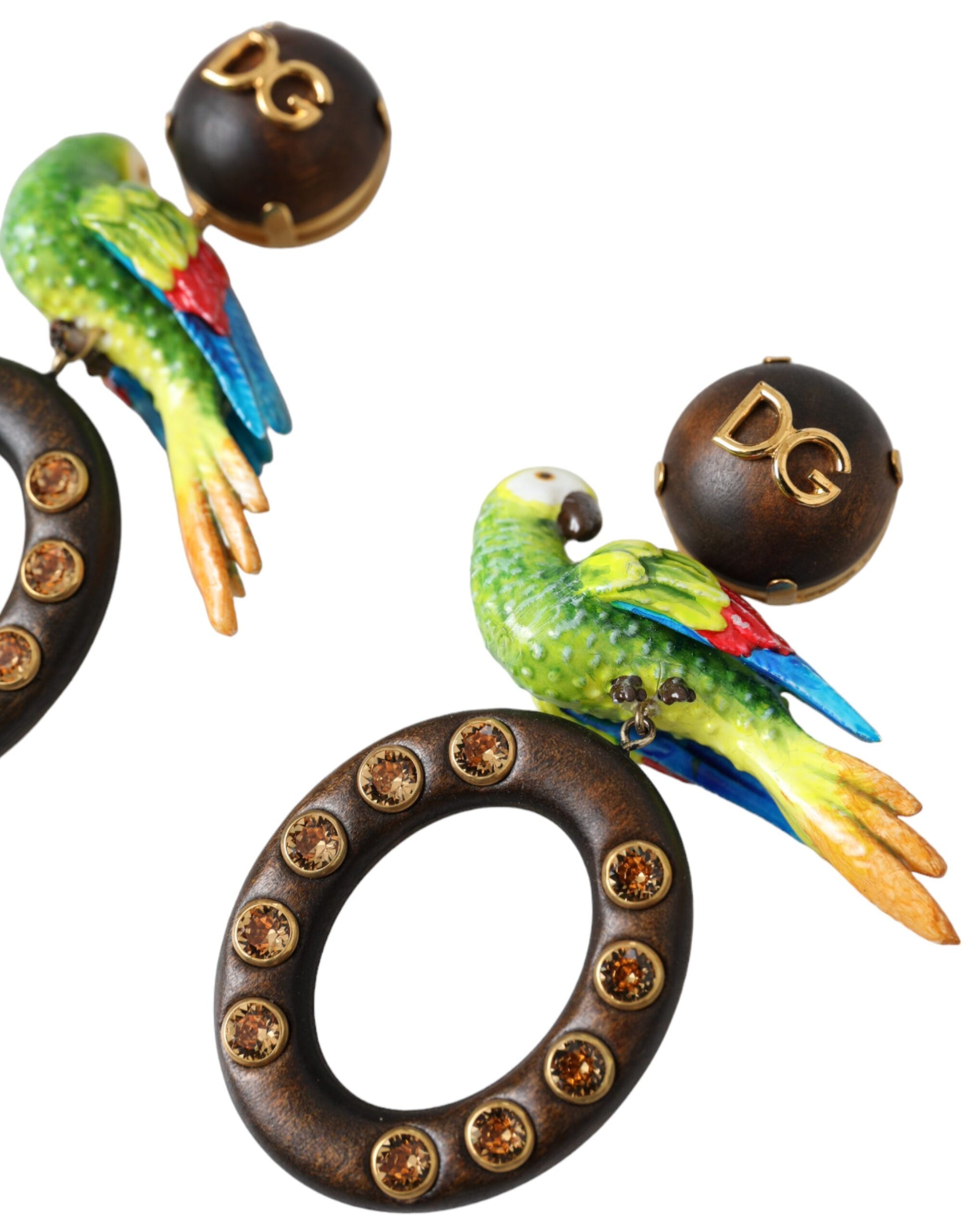 Dolce & Gabbana Multicolor Parrot Wood Brass Crystal Embellished Earrings Curated Luxury Accessories by Orvyn