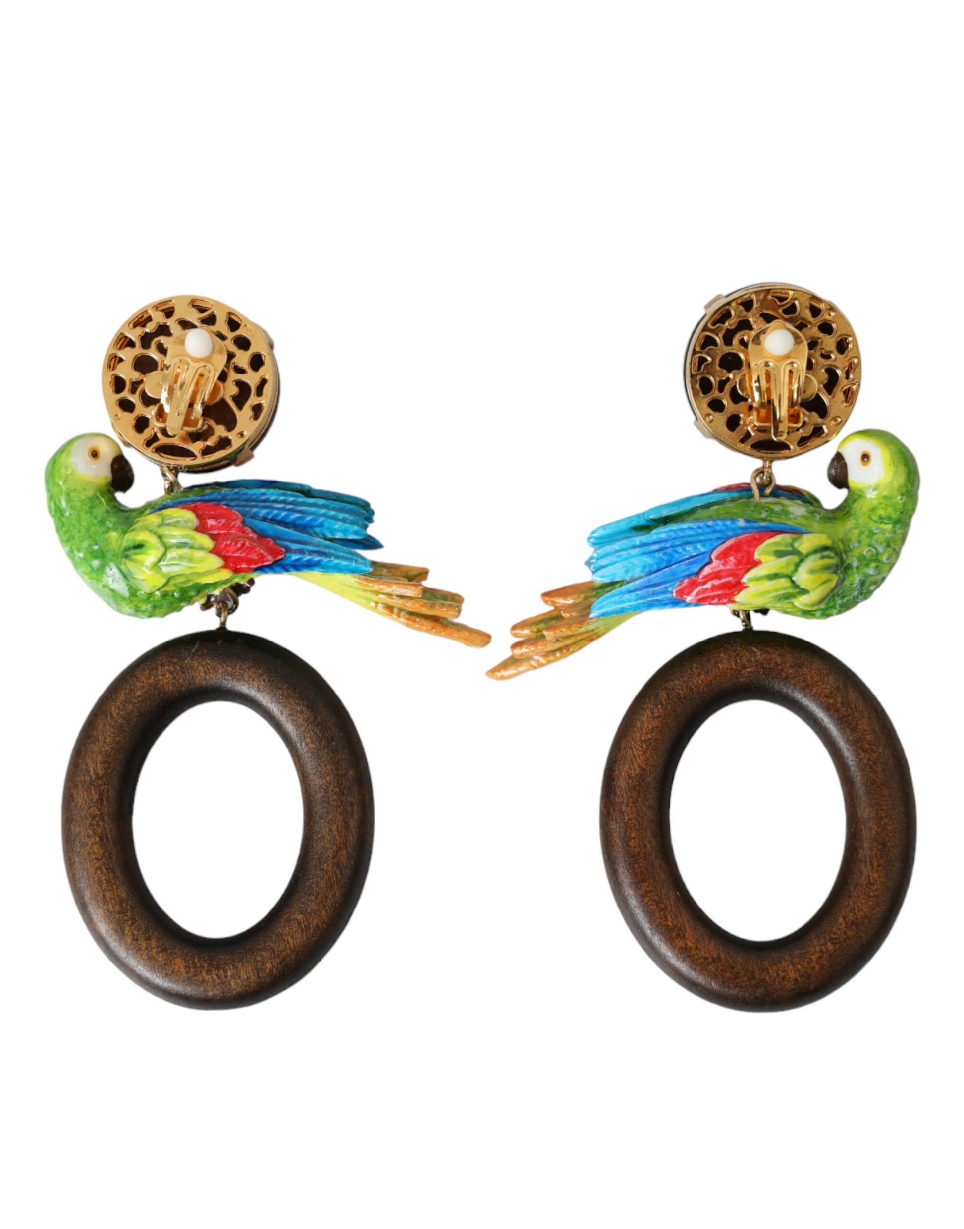 Dolce & Gabbana Multicolor Parrot Wood Brass Crystal Embellished Earrings Curated Luxury Accessories by Orvyn