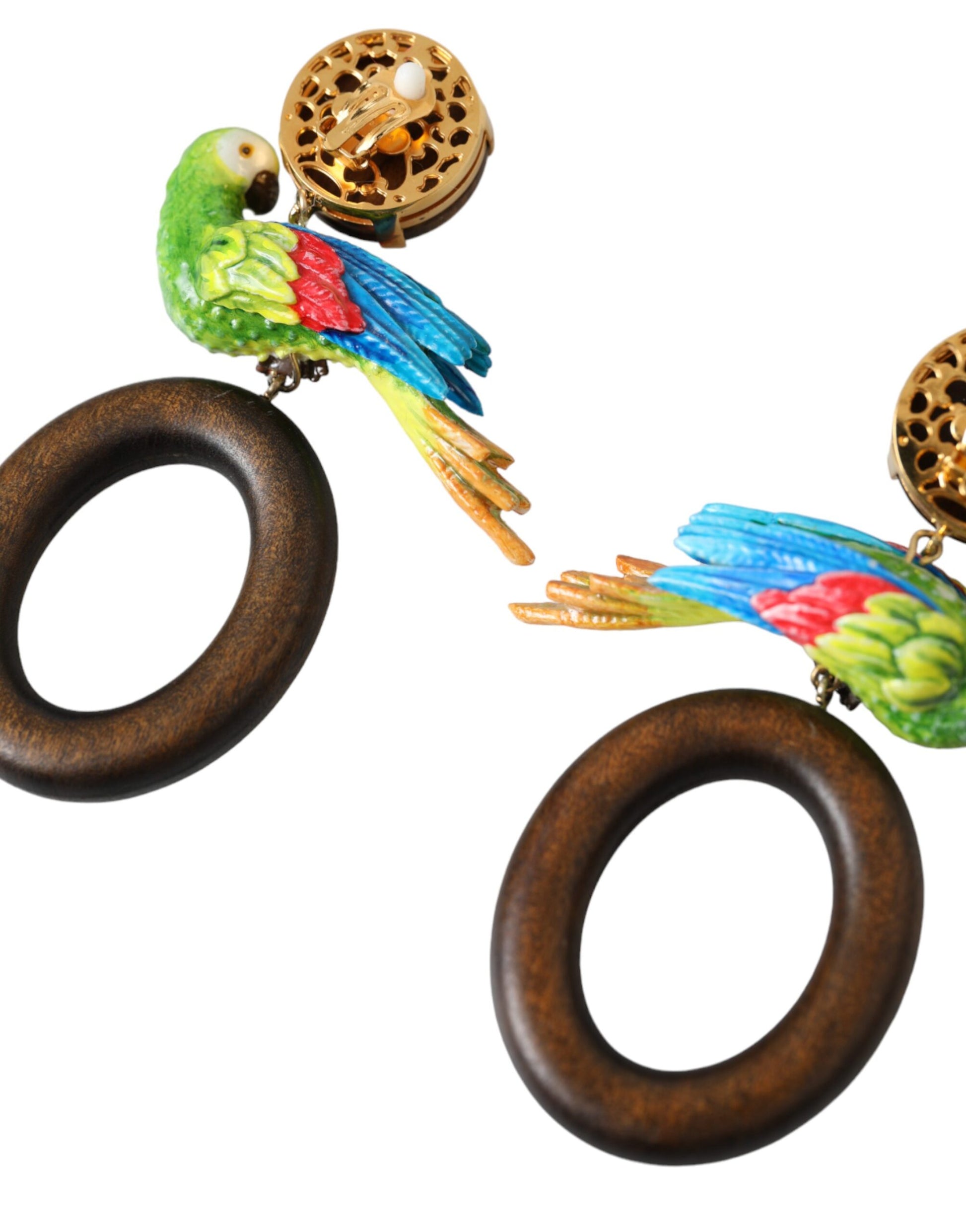 Dolce & Gabbana Multicolor Parrot Wood Brass Crystal Embellished Earrings Curated Luxury Accessories by Orvyn