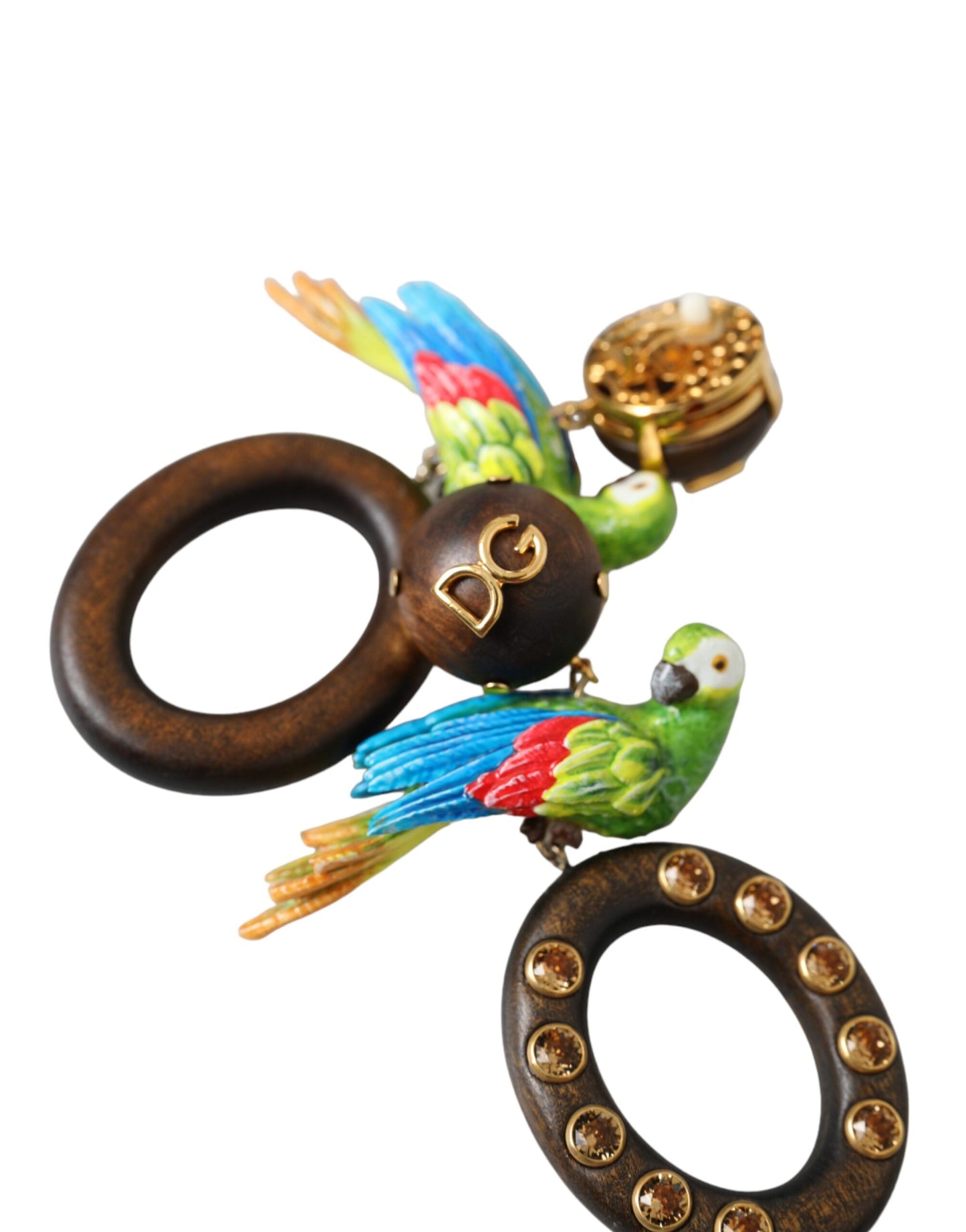 Dolce & Gabbana Multicolor Parrot Wood Brass Crystal Embellished Earrings Curated Luxury Accessories by Orvyn