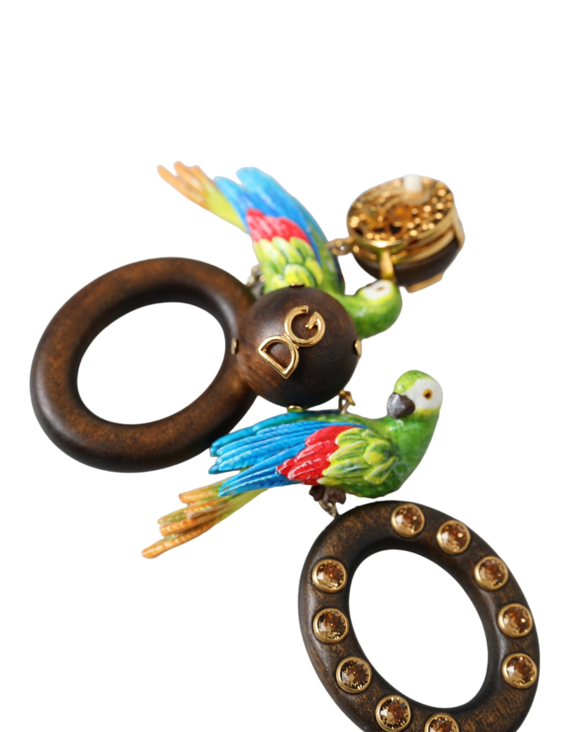 Dolce & Gabbana Multicolor Parrot Wood Brass Crystal Embellished Earrings Curated Luxury Accessories by Orvyn
