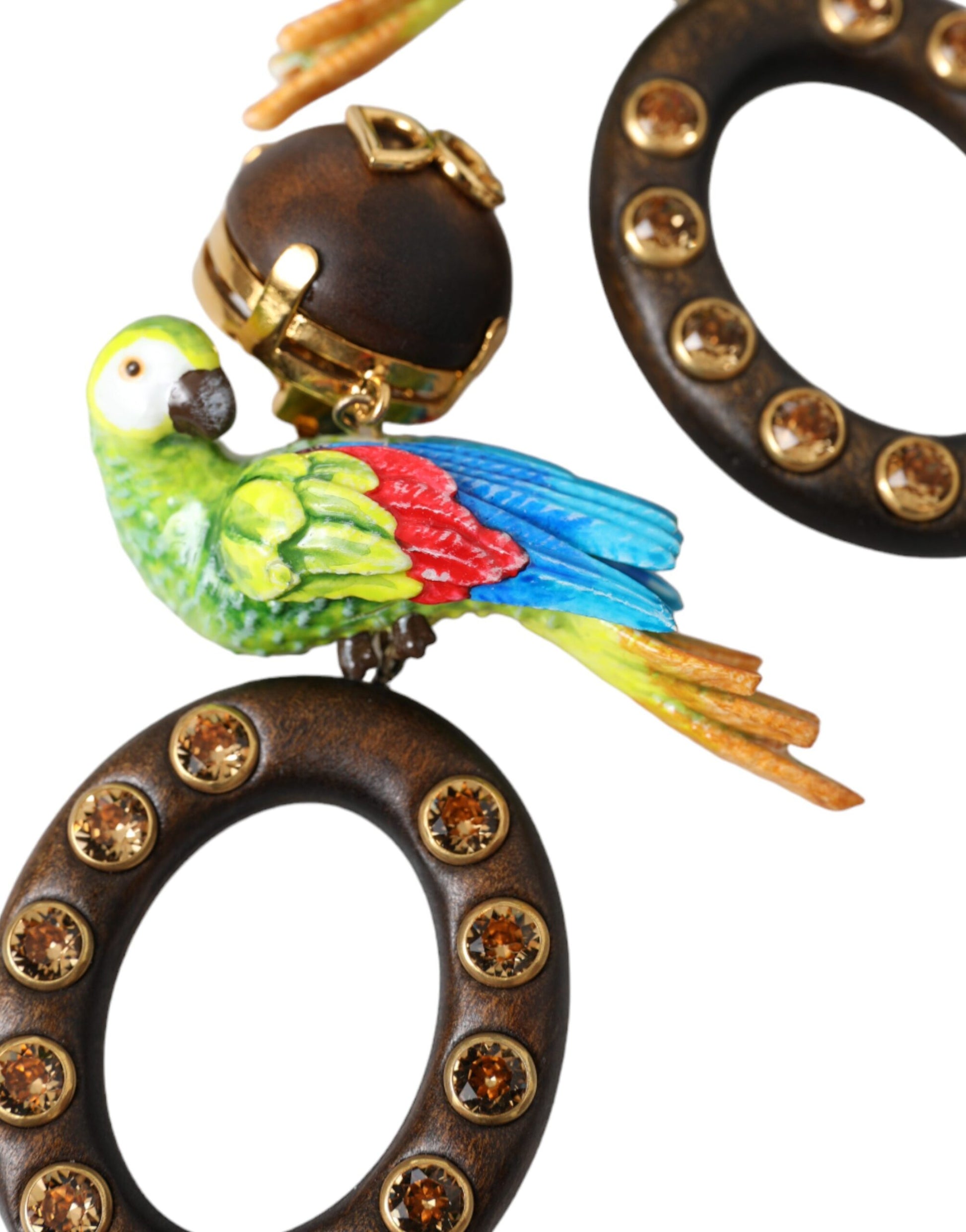Dolce & Gabbana Multicolor Parrot Wood Brass Crystal Embellished Earrings Curated Luxury Accessories by Orvyn