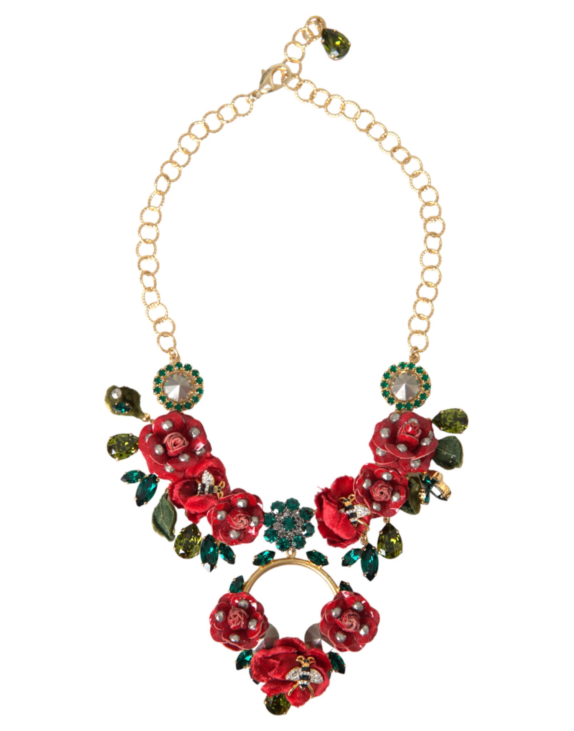 Dolce & Gabbana Gold Brass Link Chain RosePetal Crystal Pendant Necklace Curated Luxury Accessories by Orvyn