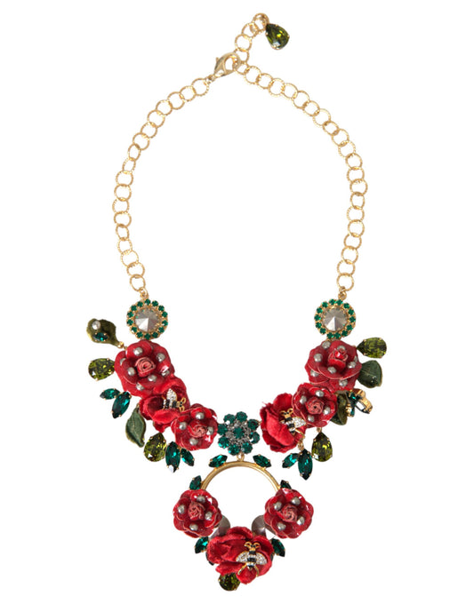 Dolce & Gabbana Gold Brass Link Chain RosePetal Crystal Pendant Necklace Curated Luxury Accessories by Orvyn