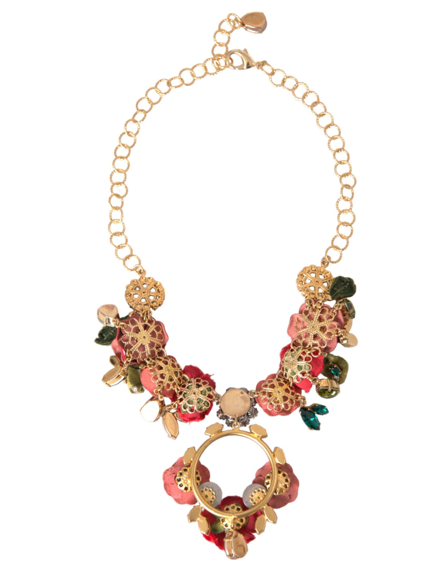 Dolce & Gabbana Gold Brass Link Chain RosePetal Crystal Pendant Necklace Curated Luxury Accessories by Orvyn
